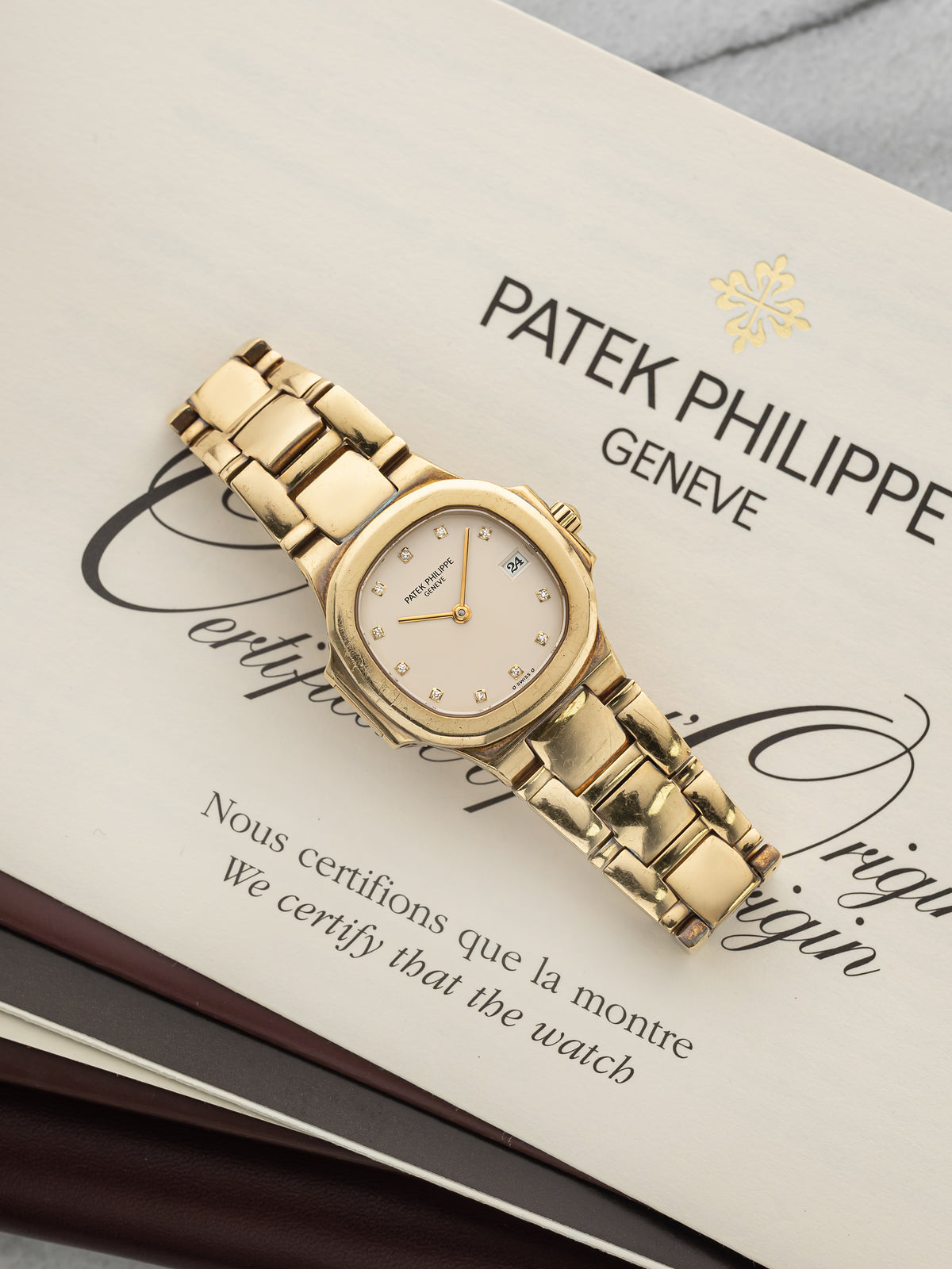 Vintage 1980s Patek Philippe Lady Nautilus 4700/051 18K YG Diamond Quartz 26mm