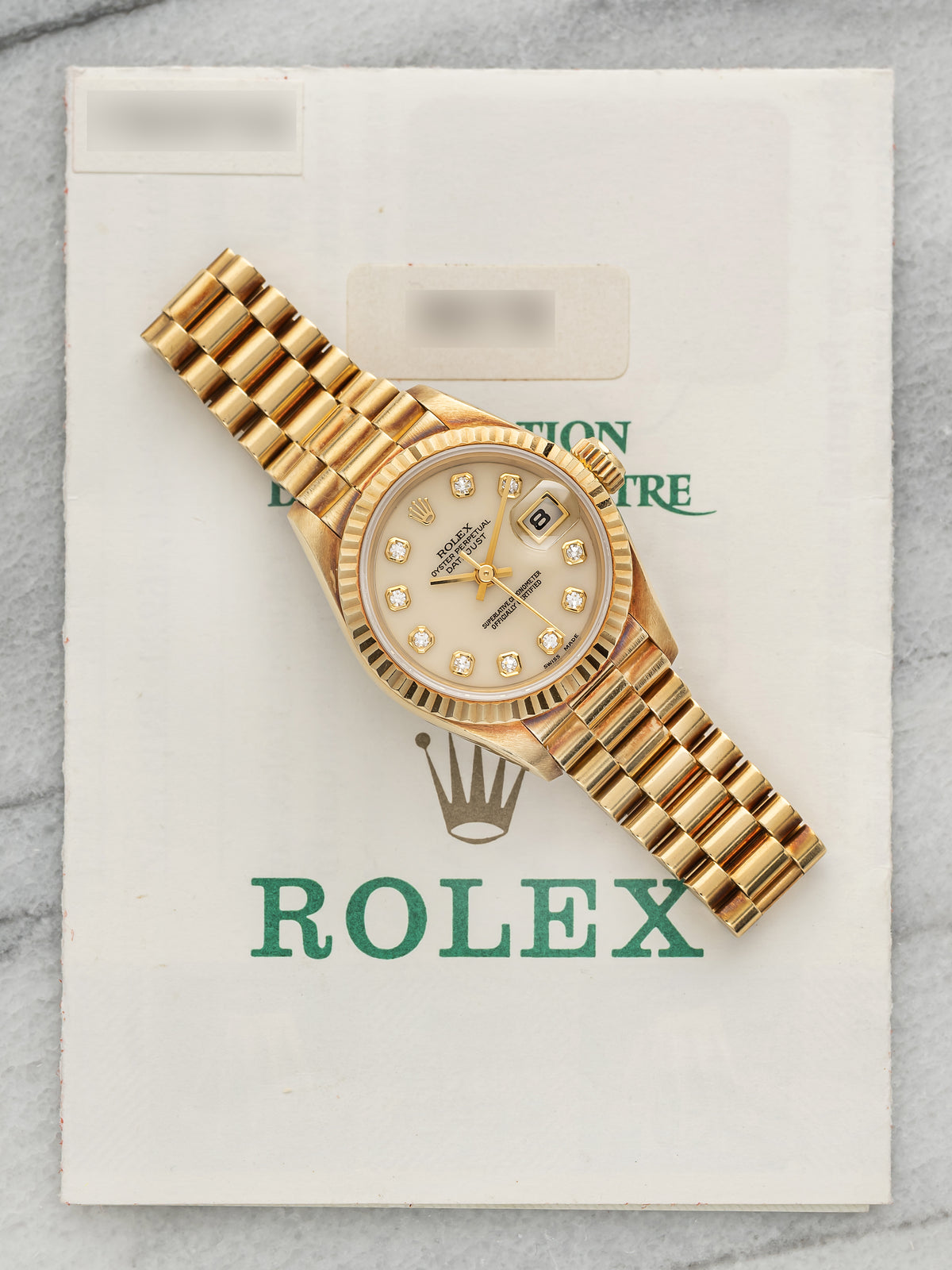 Vintage 1996 Rolex Lady Datejust 69178 18K YG Cachalong Stone Diamond Dial 26mm