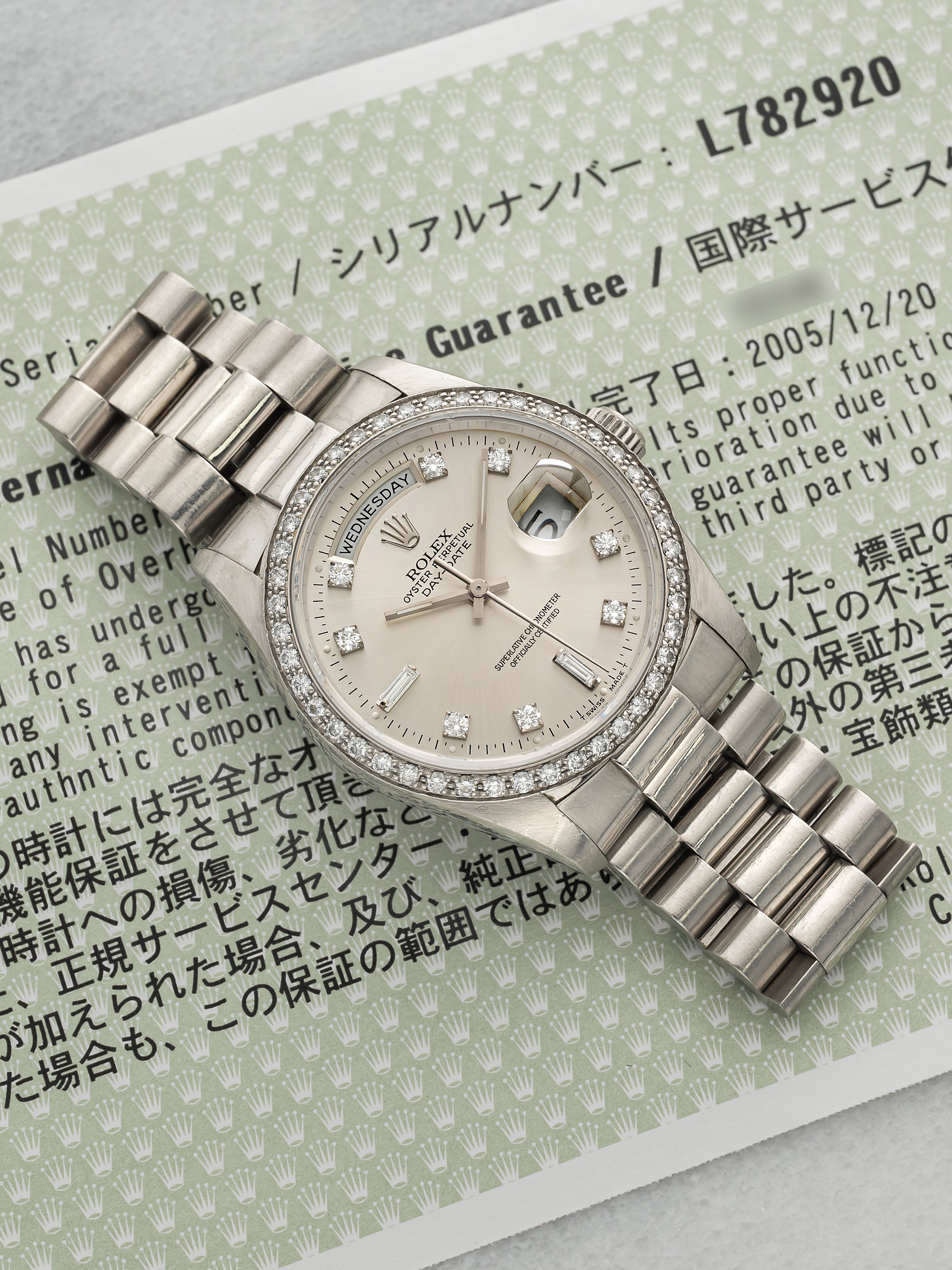 Vintage 1989 Rolex Day-Date 18346 Platinum Silver Dial Diamond Indices Auto 36mm
