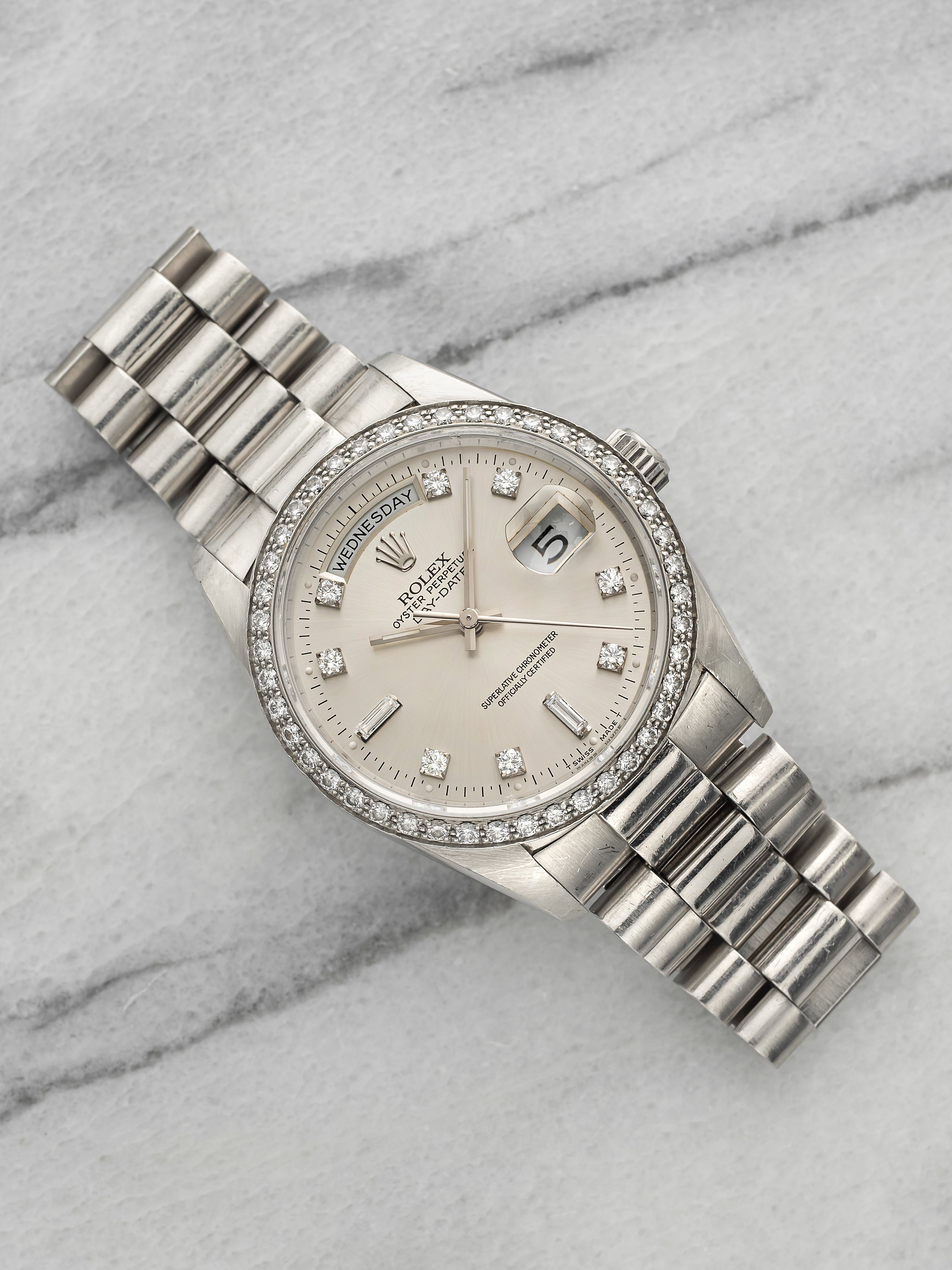 Vintage 1989 Rolex Day-Date 18346 Platinum Silver Dial Diamond Indices Auto 36mm