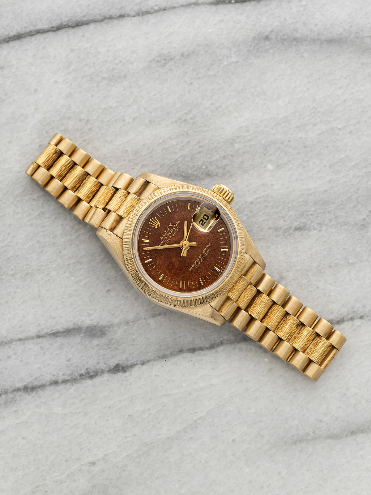Vintage 1984 Rolex Lady Datejust 69278 18K YG Bark Finish Walnut Wood Dial 26mm