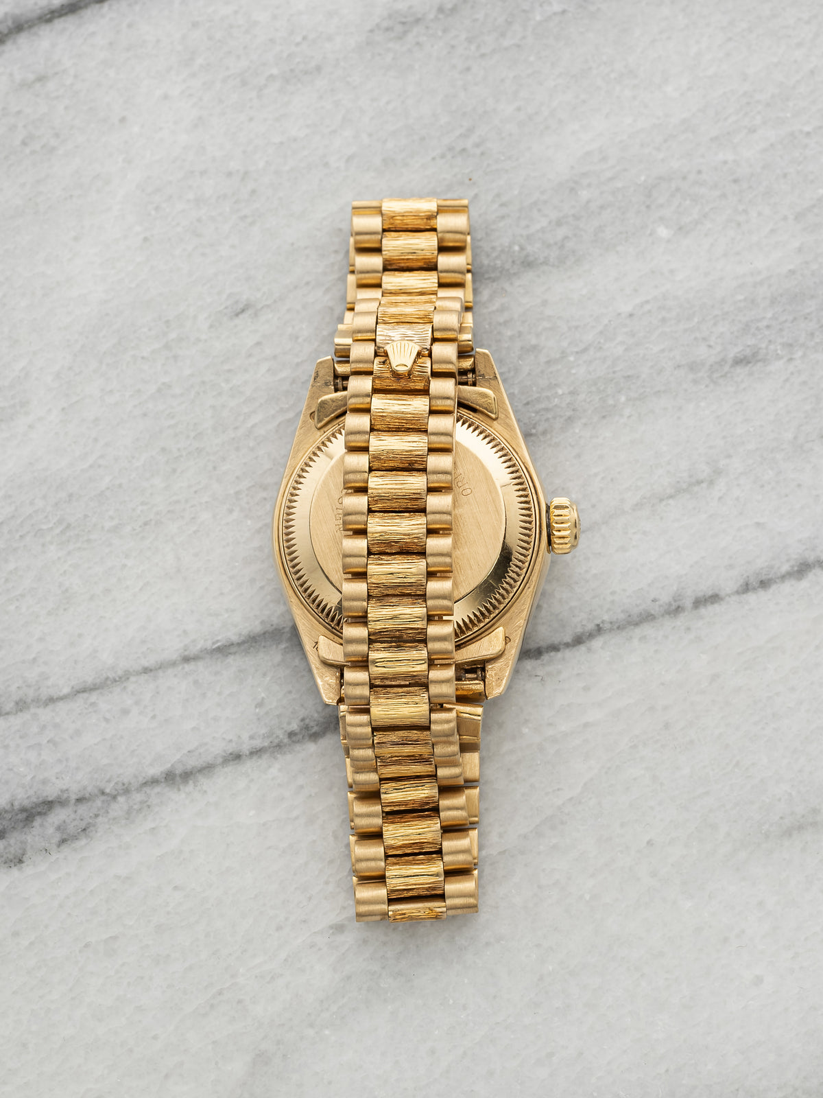 Vintage 1984 Rolex Lady Datejust 69278 18K YG Bark Finish Walnut Wood Dial 26mm