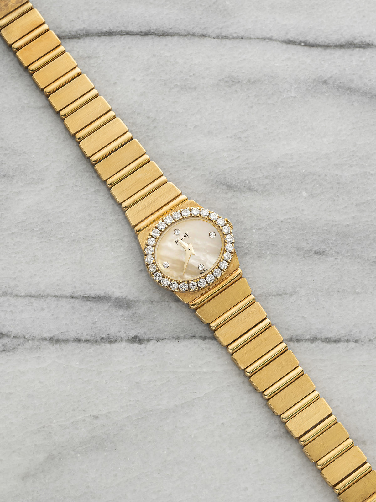 Vintage 1980s Piaget Lady Polo 8306C701 18K YG MOP Diamond Dial Quartz 22mm