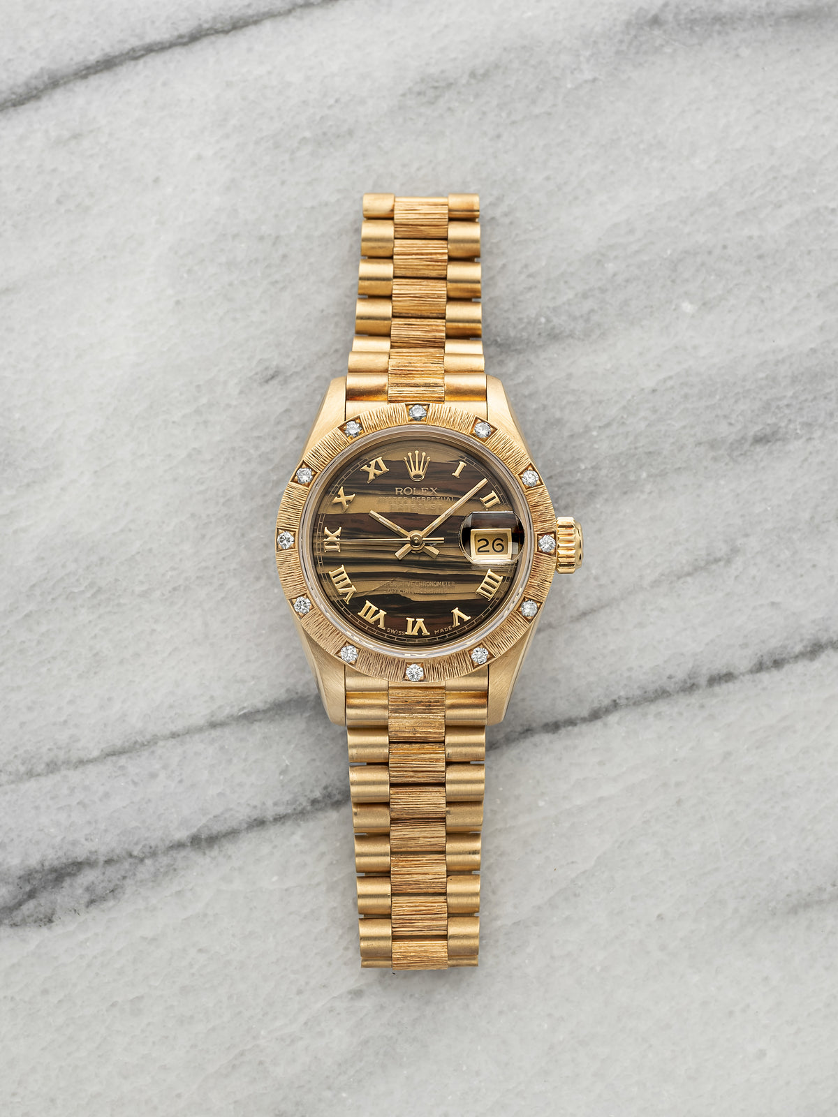 Vintage 1990 Rolex Lady Datejust 69288 18K YG Bark Obsidian Stone Diamond 26mm