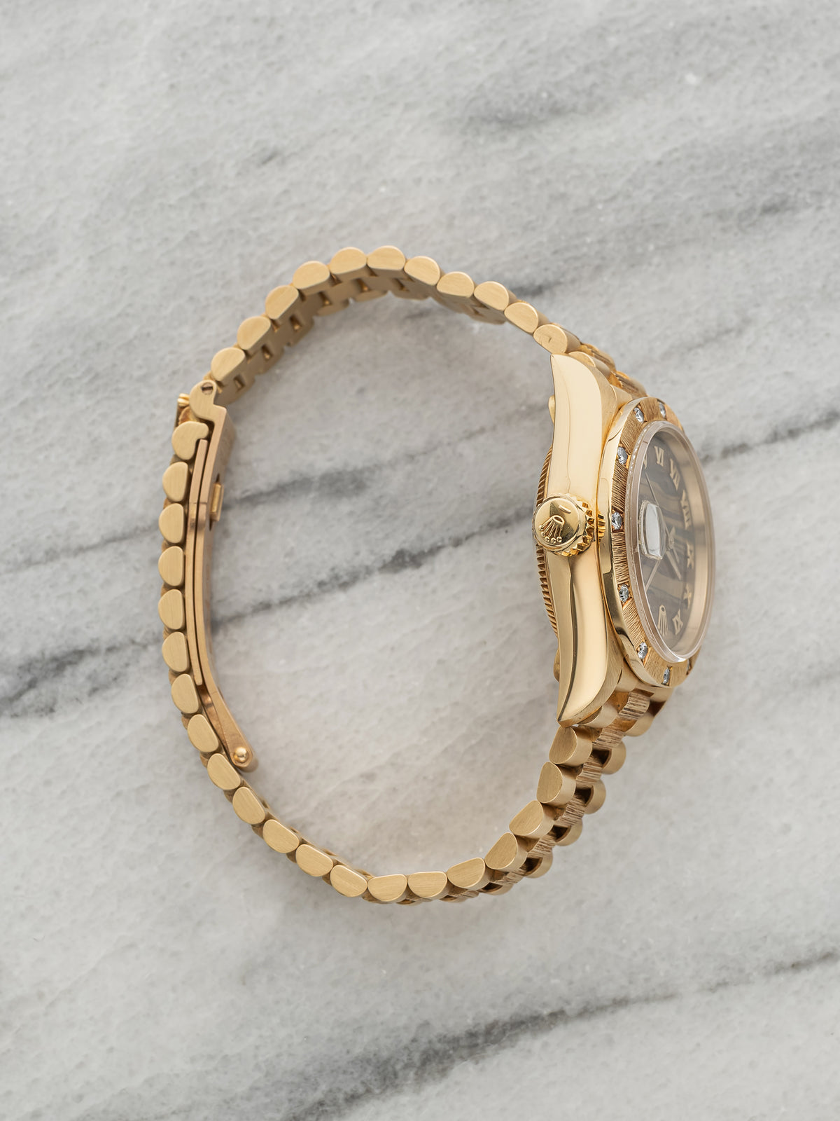 Vintage 1990 Rolex Lady Datejust 69288 18K YG Bark Obsidian Stone Diamond 26mm