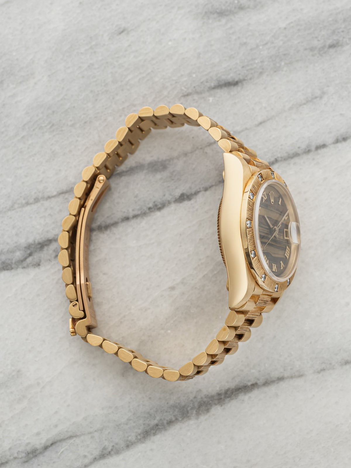 Vintage 1990 Rolex Lady Datejust 69288 18K YG Bark Obsidian Stone Diamond 26mm