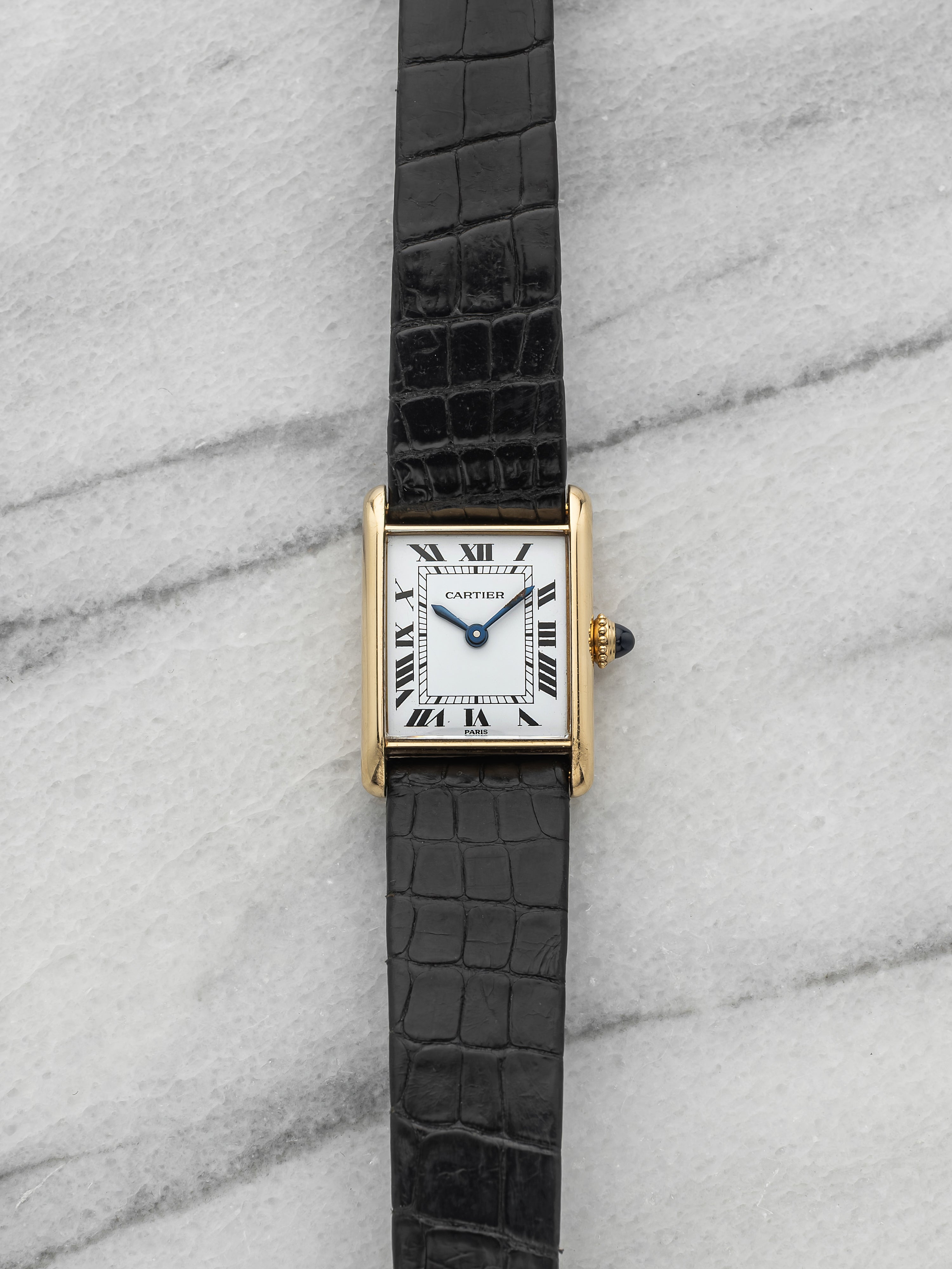 Vintage 1970s Lady Cartier Tank Louis 78086 18K YG White Roman Dial Manual 23mm