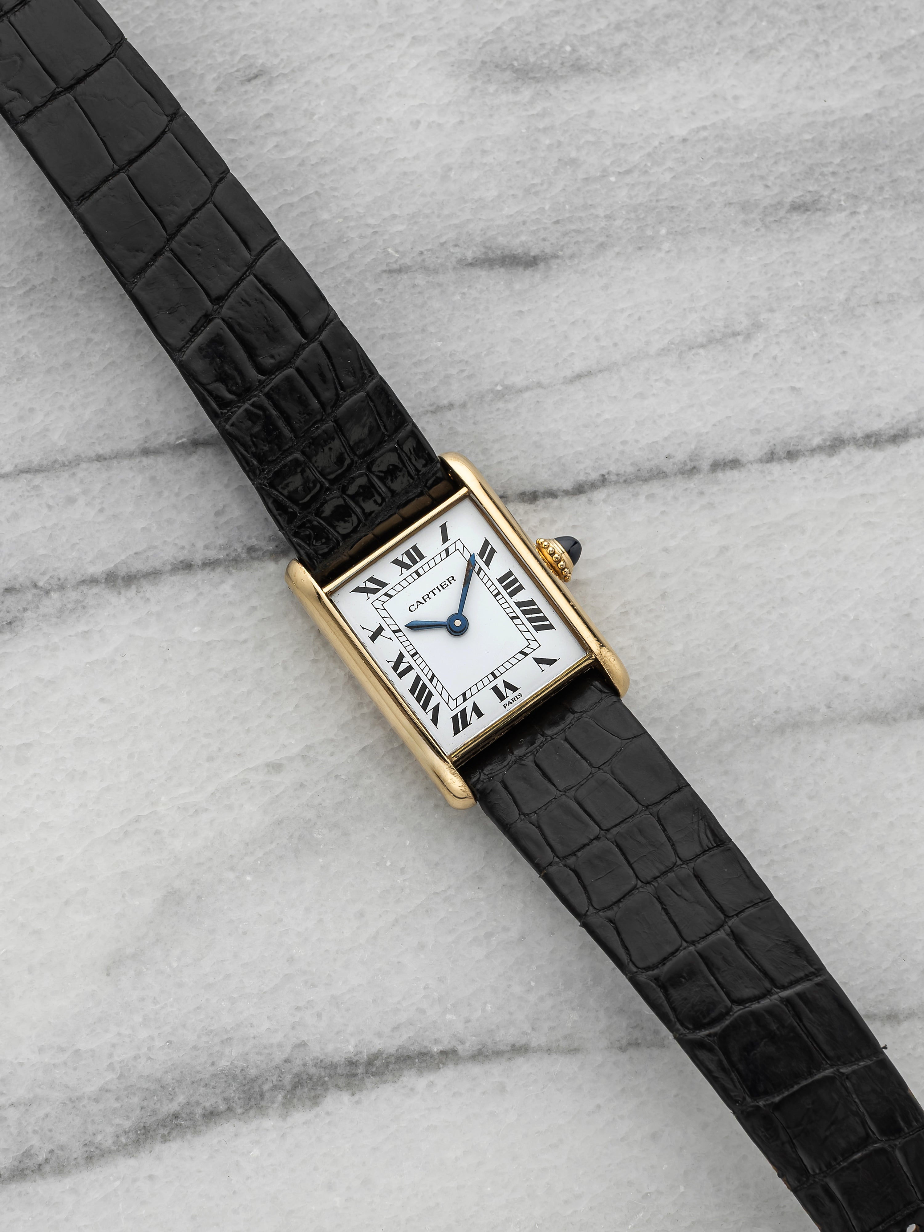 Vintage 1970s Lady Cartier Tank Louis 78086 18K YG White Roman Dial Manual 23mm