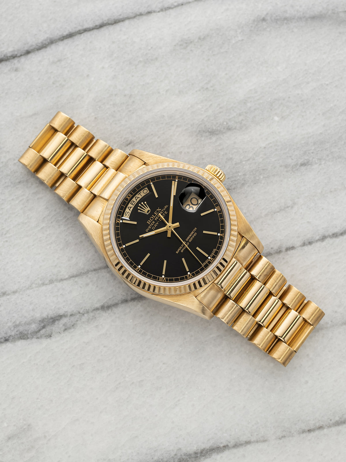 Vintage 1979 Rolex Day-Date 18038 18K YG Black Dial Italian Day-Wheel Auto 36mm
