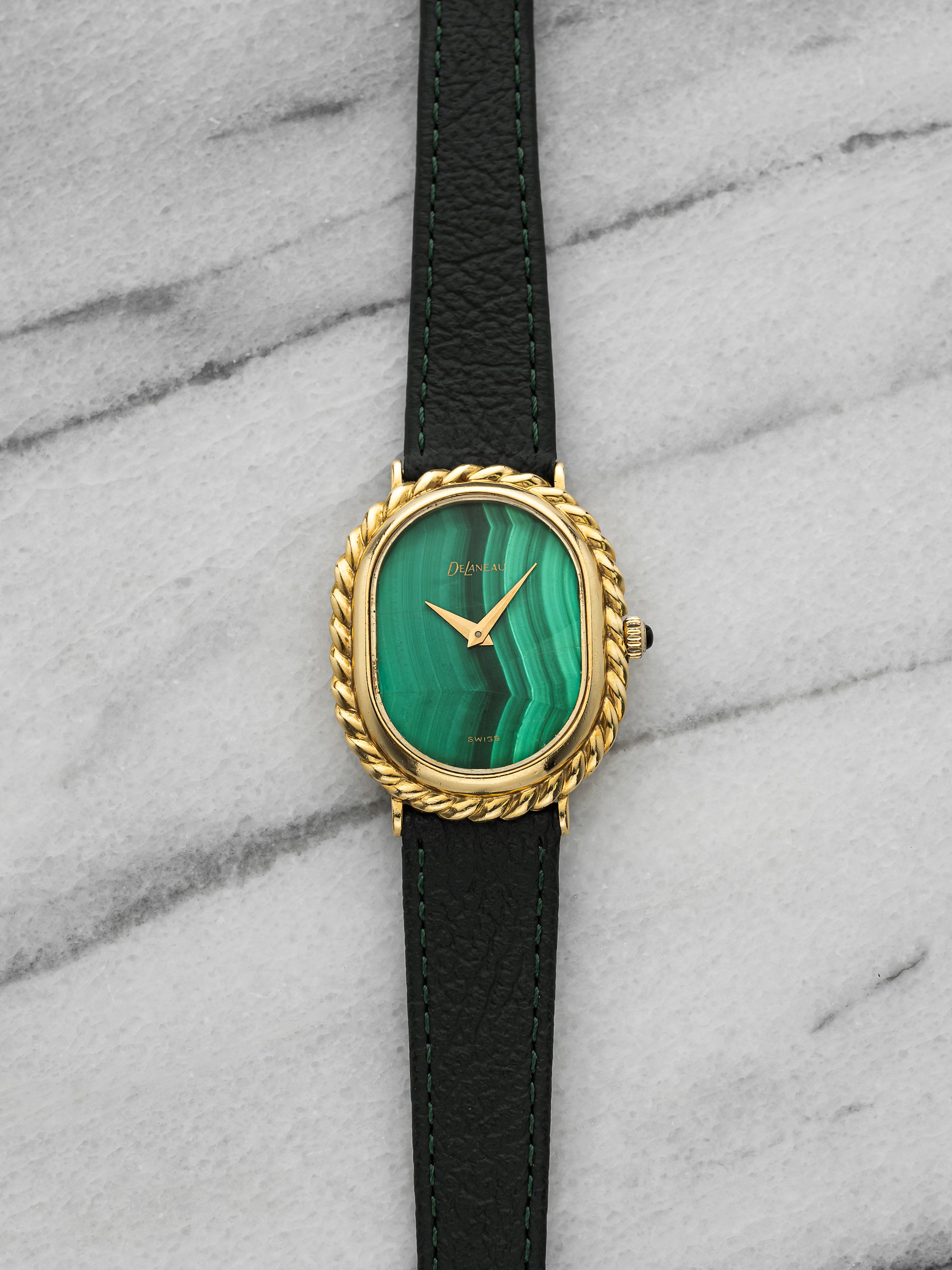 Vintage 1970s DeLaneu Ellipse 1645v101 18K YG Malachite Dial Manual 27 mm