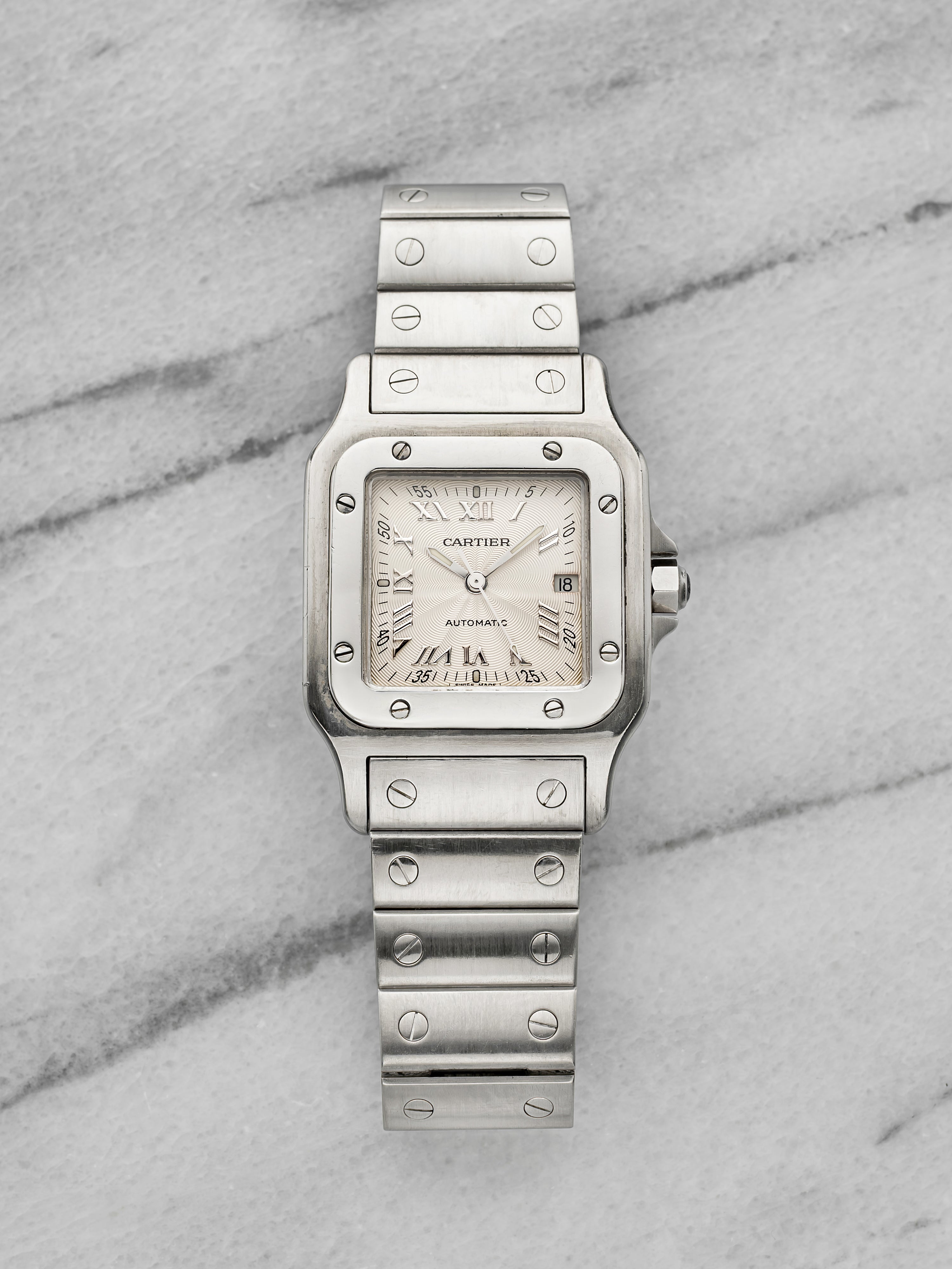 Vintage 1990s Cartier Santos 2319 Stainless Steel Guilloche Dial Automatic 29 mm