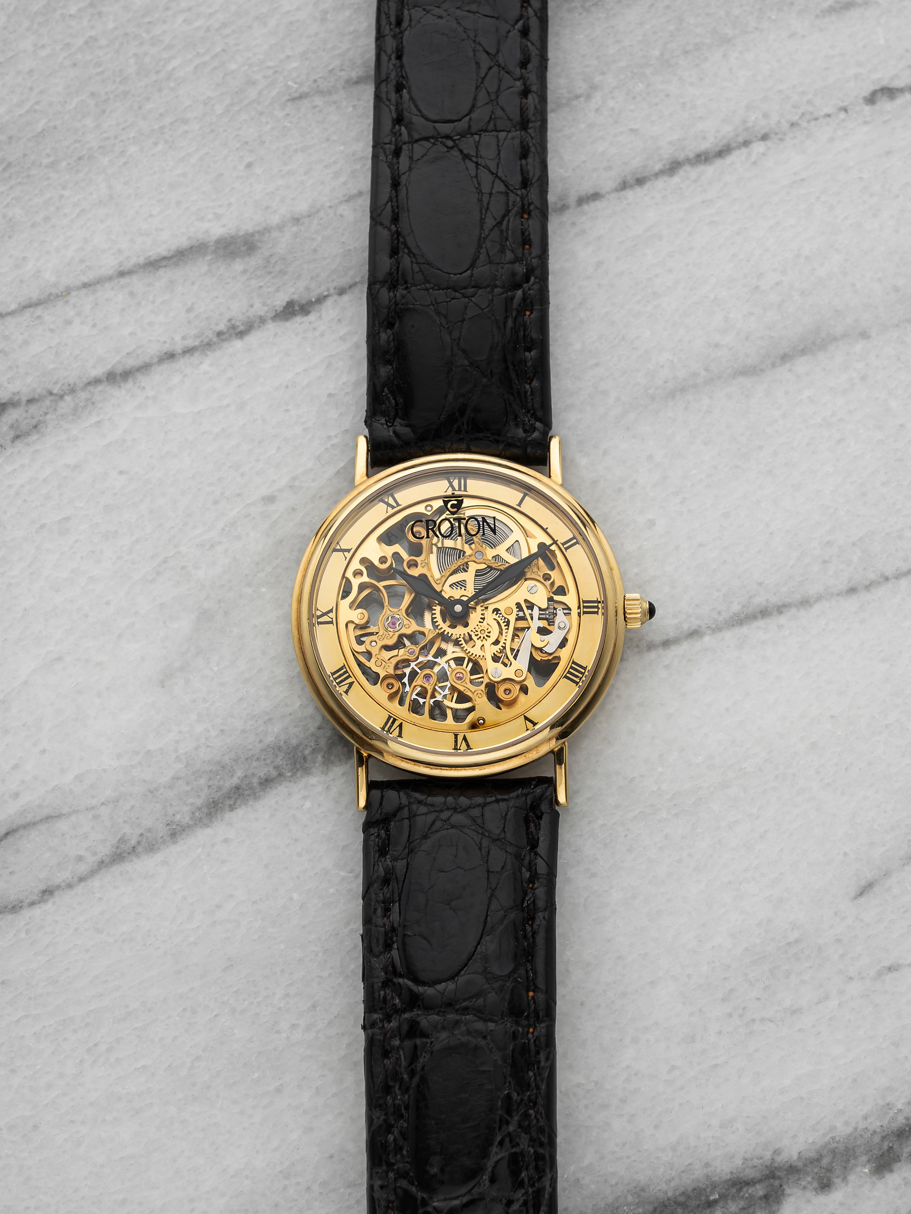 Vintage 1990s Croton Skeleton 18K Yellow Gold Manual Wind 33 mm