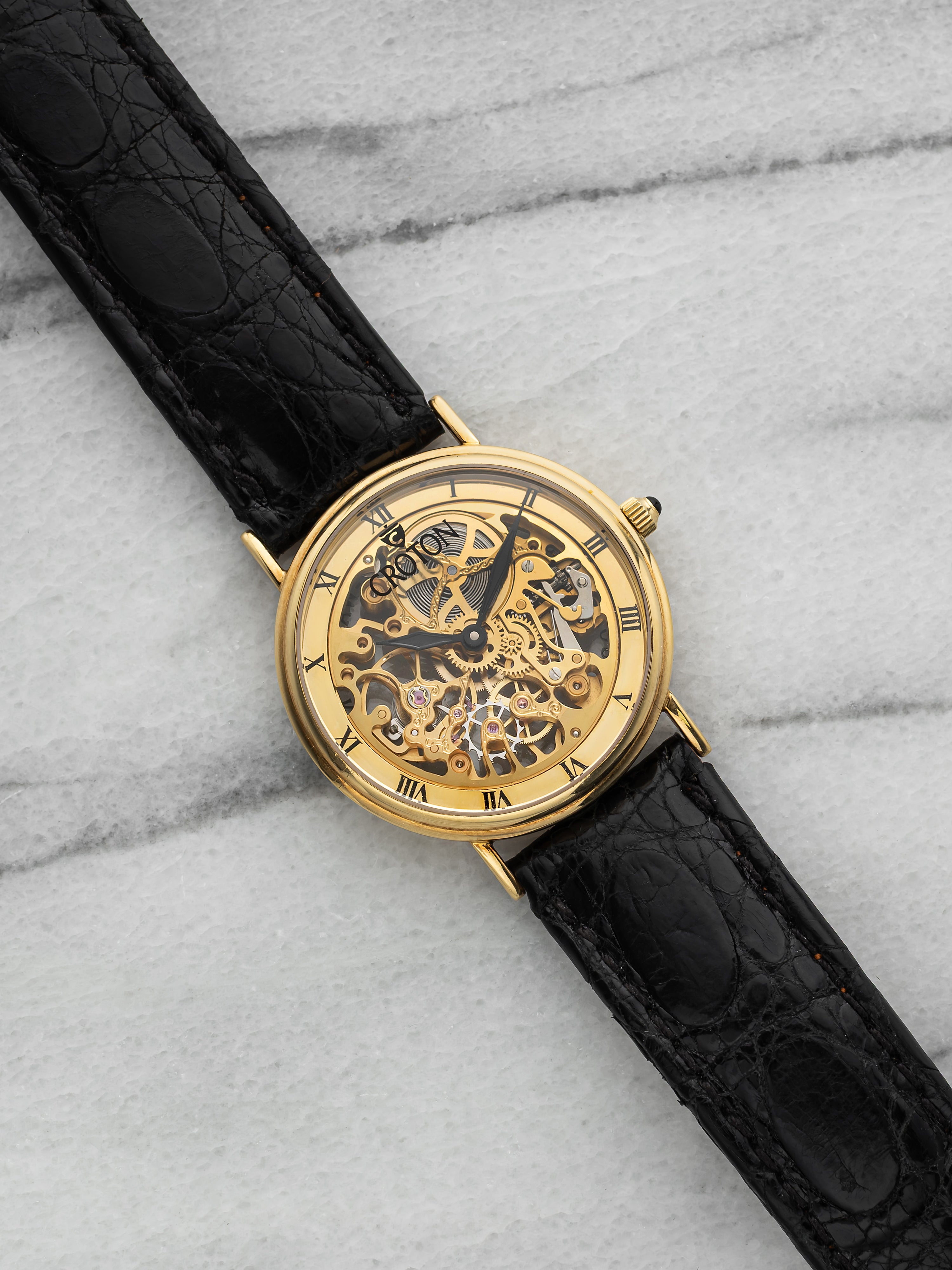 Vintage 1990s Croton Skeleton 18K Yellow Gold Manual Wind 33 mm