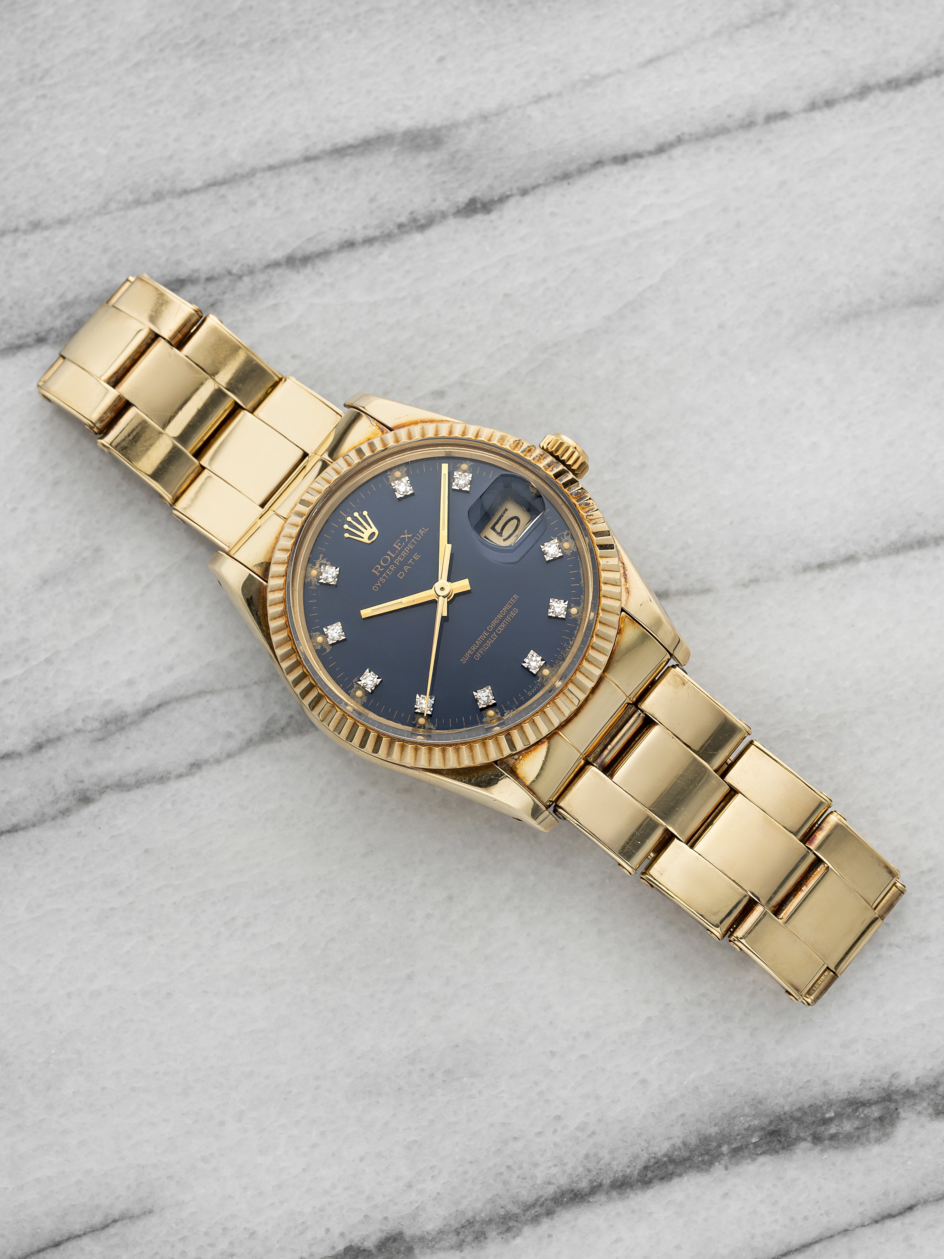 1986 Rolex Oyster Perpetual Date 15037 14K YG Dark Blue Diamond Dial Auto 34 mm