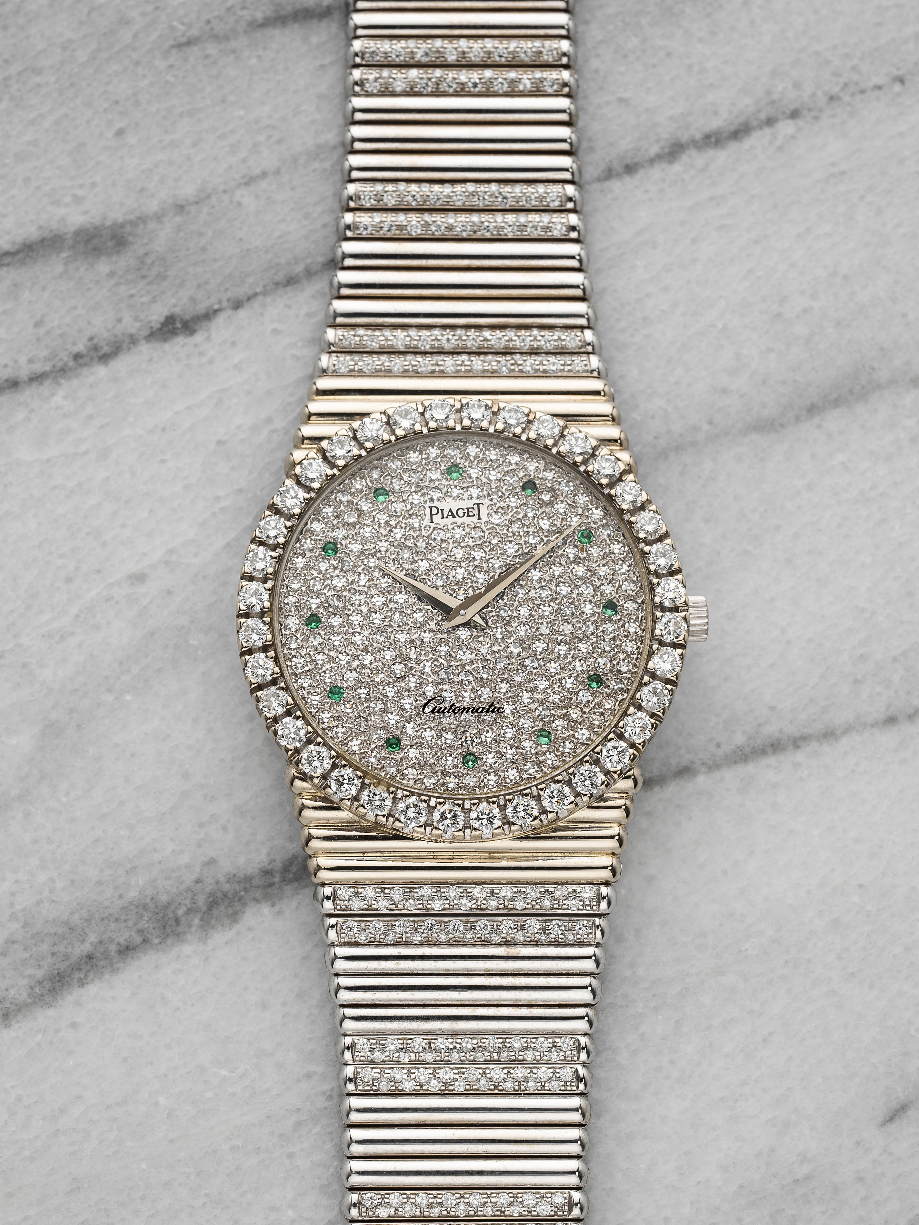 Piaget 12336 – 18K White Gold Diamond & Emerald Pave Dial