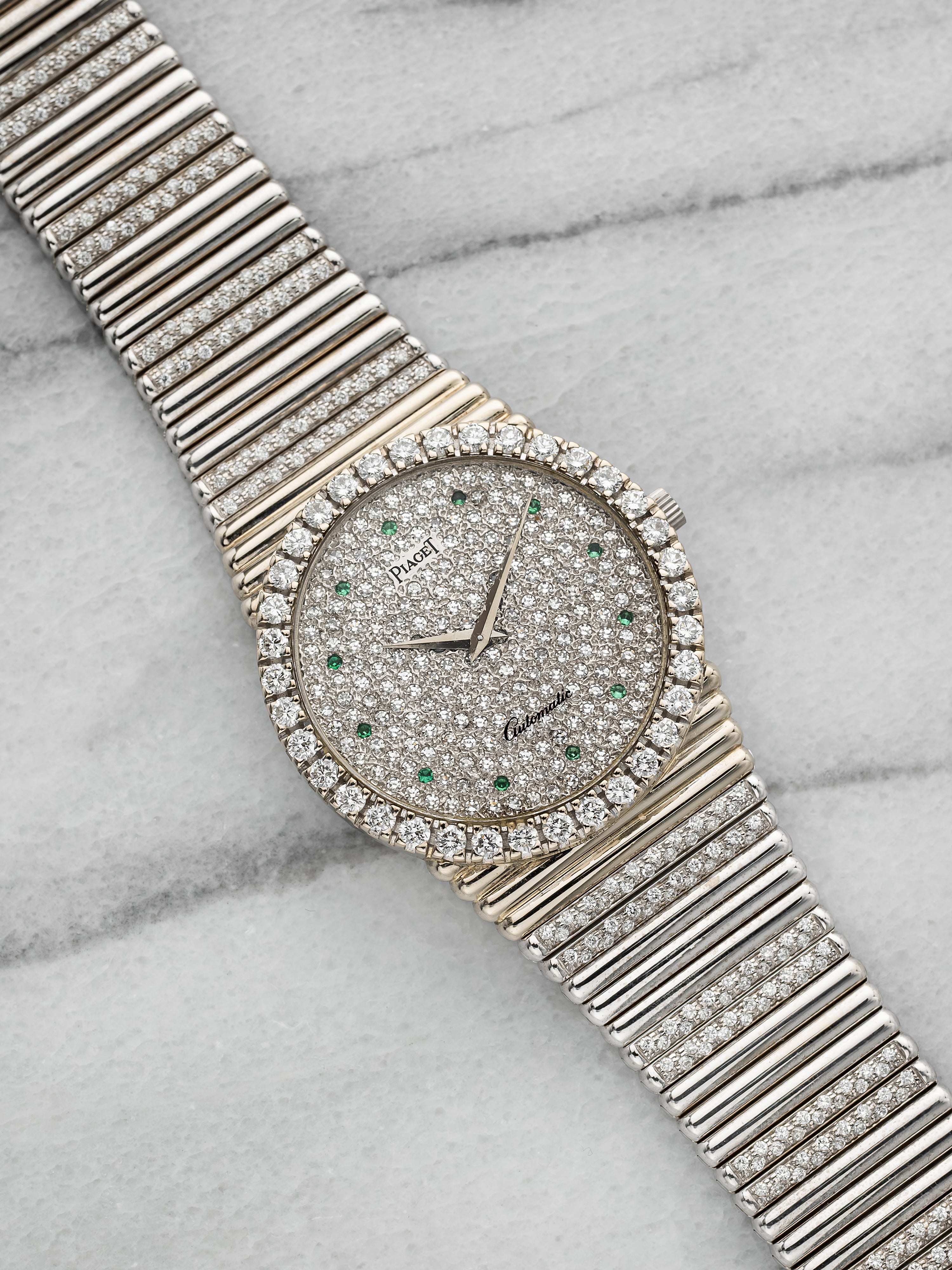Piaget 12336 – 18K White Gold Diamond & Emerald Pave Dial
