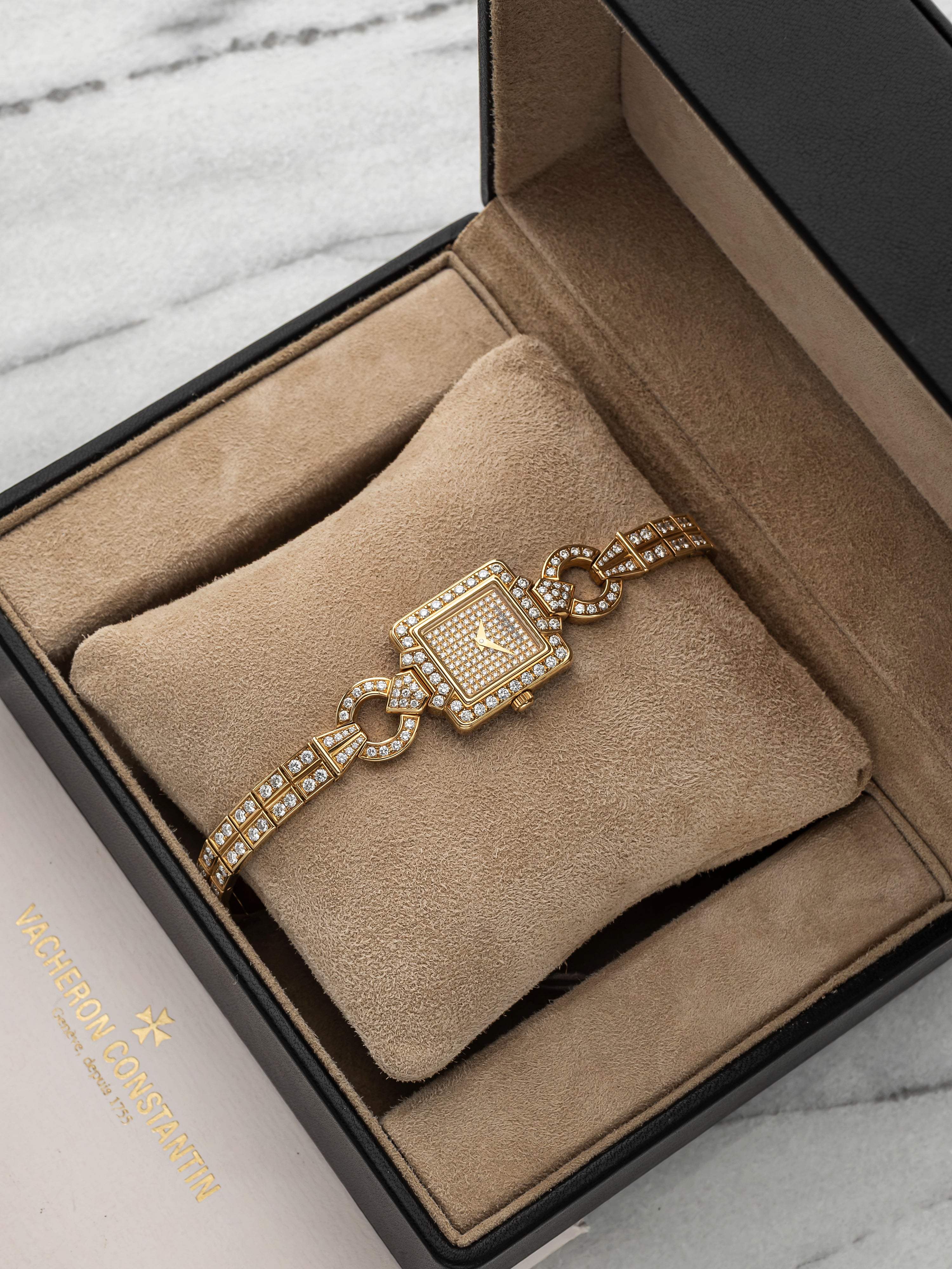 Vintage 1990s Vacheron Constantin Lady 18K Yellow Gold Diamond Pave Quartz 20mm