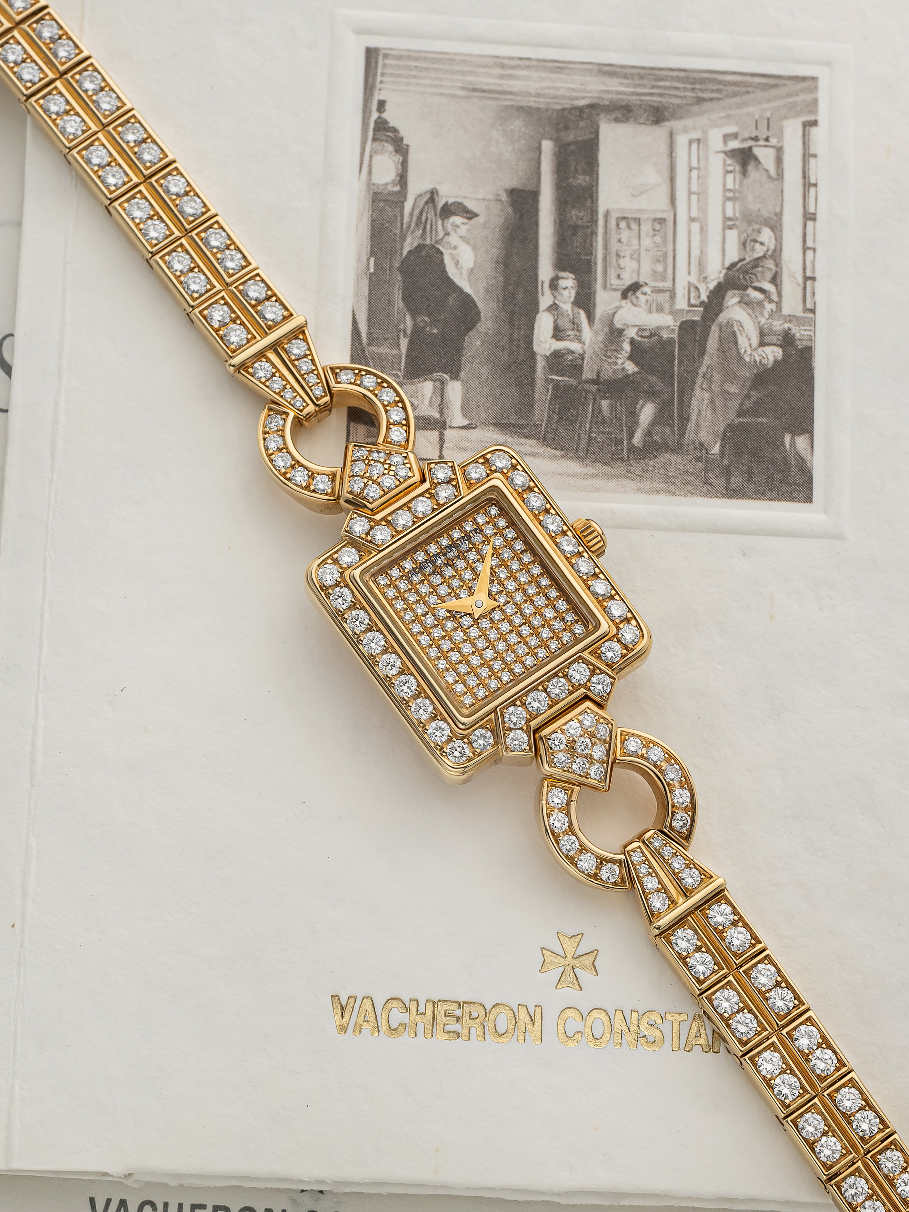 Vintage 1990s Vacheron Constantin Lady 18K Yellow Gold Diamond Pave Quartz 20mm