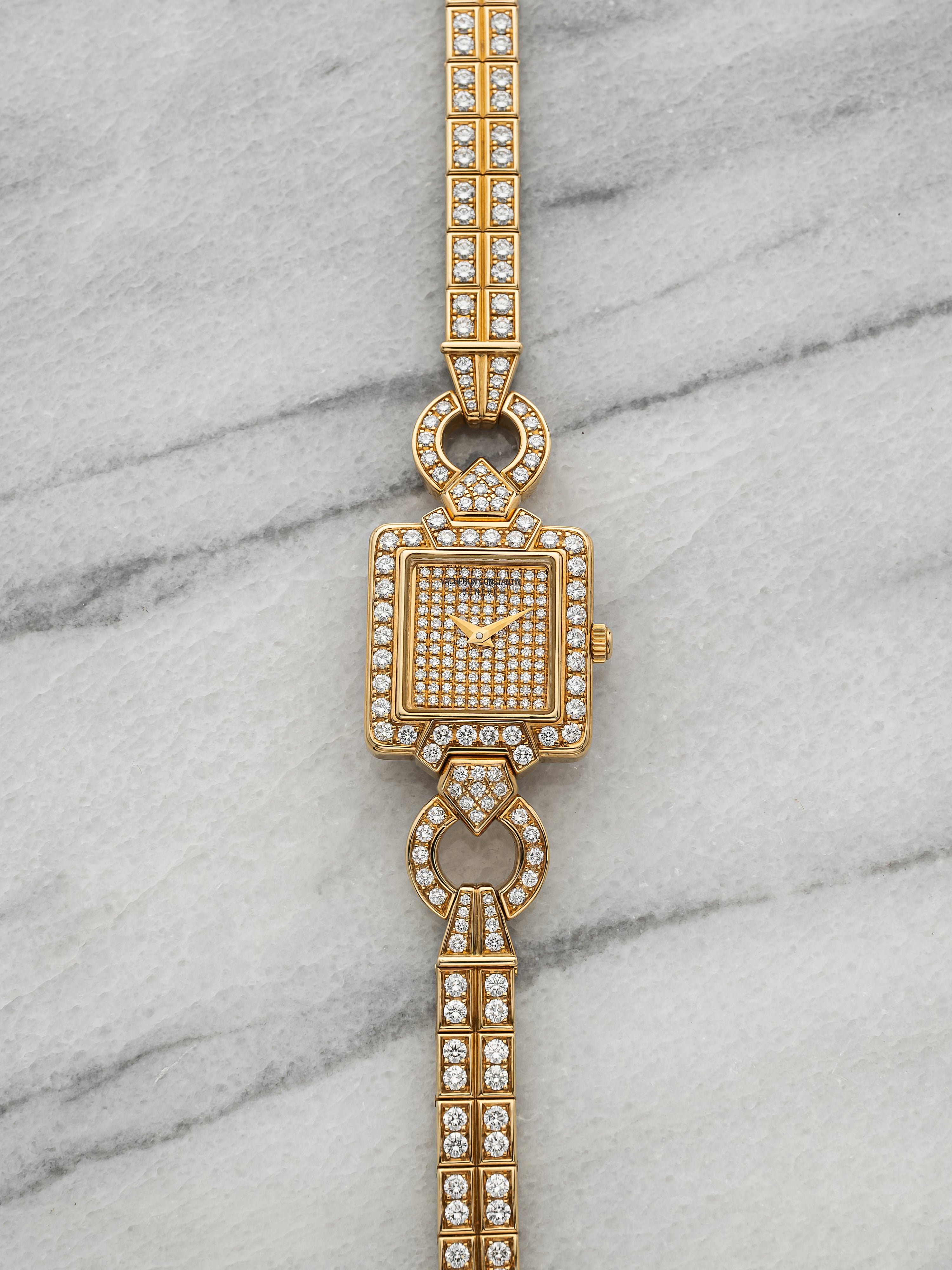 Vintage 1990s Vacheron Constantin Lady 18K Yellow Gold Diamond Pave Quartz 20mm