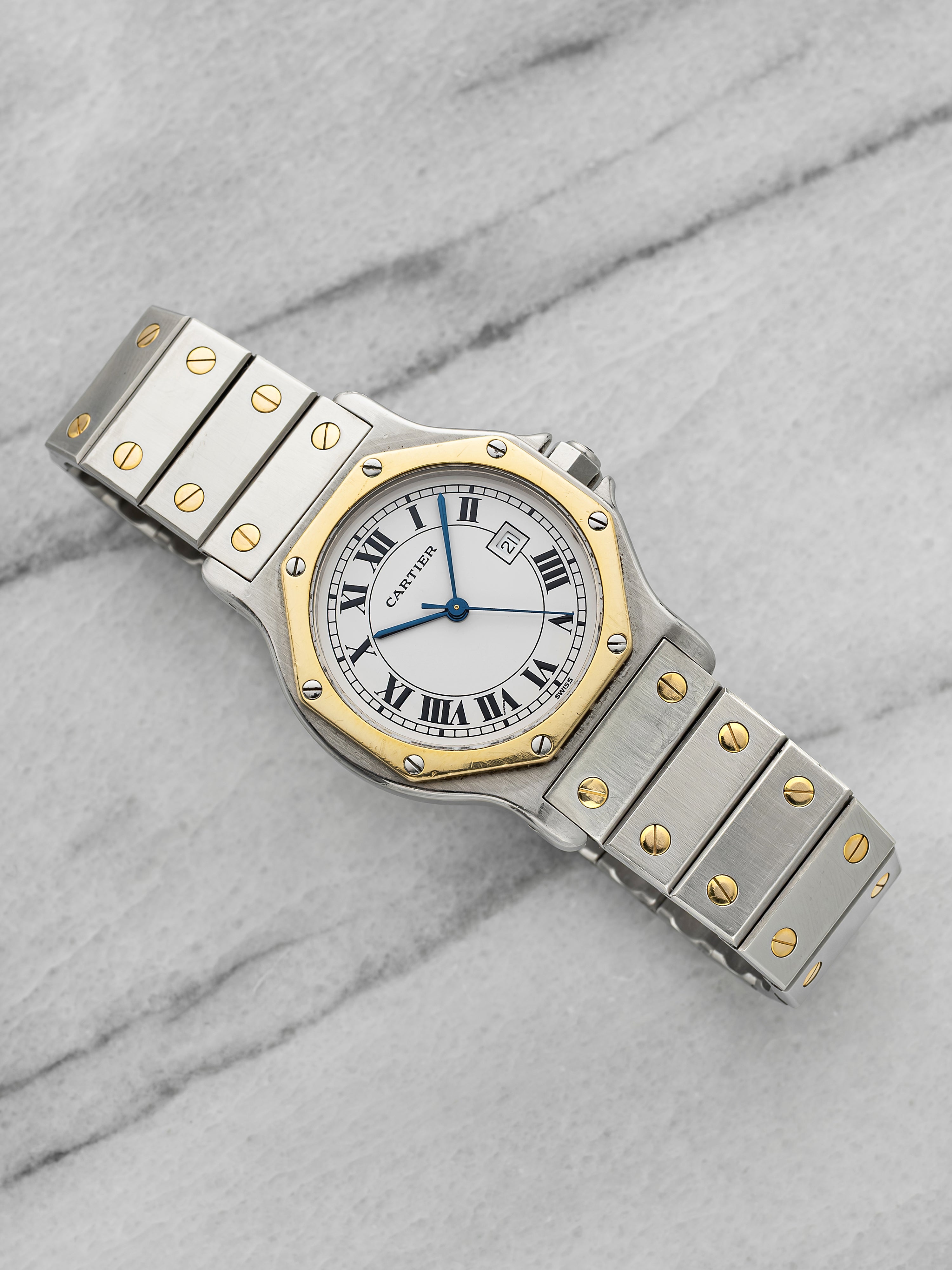 Vintage 1990s Cartier Santos Octagonal 2966 Two-Tone White Roman Dial Auto 30 mm