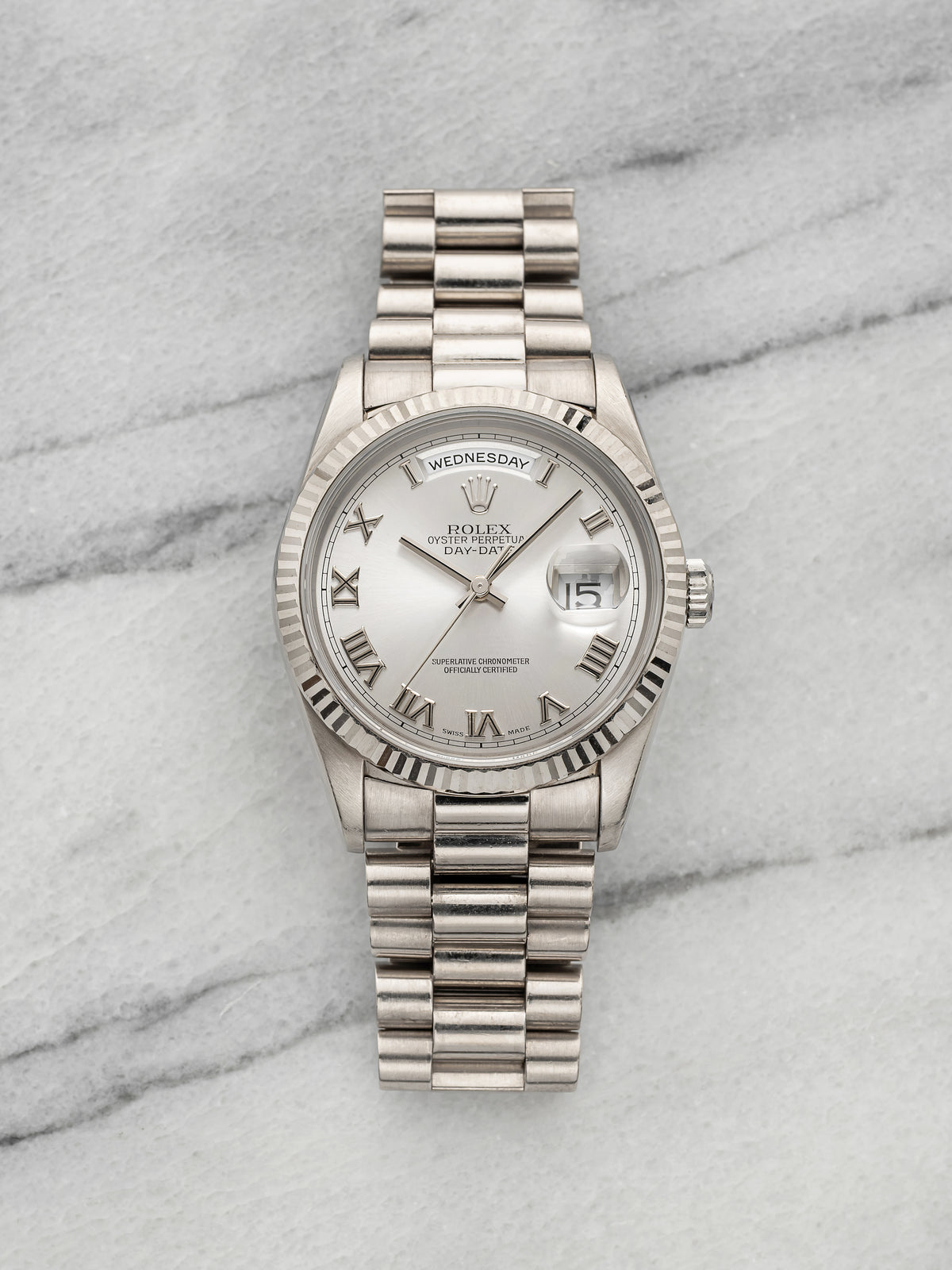 1999 Rolex Day-Date 18239 - 18K White Gold Silver Roman Dial