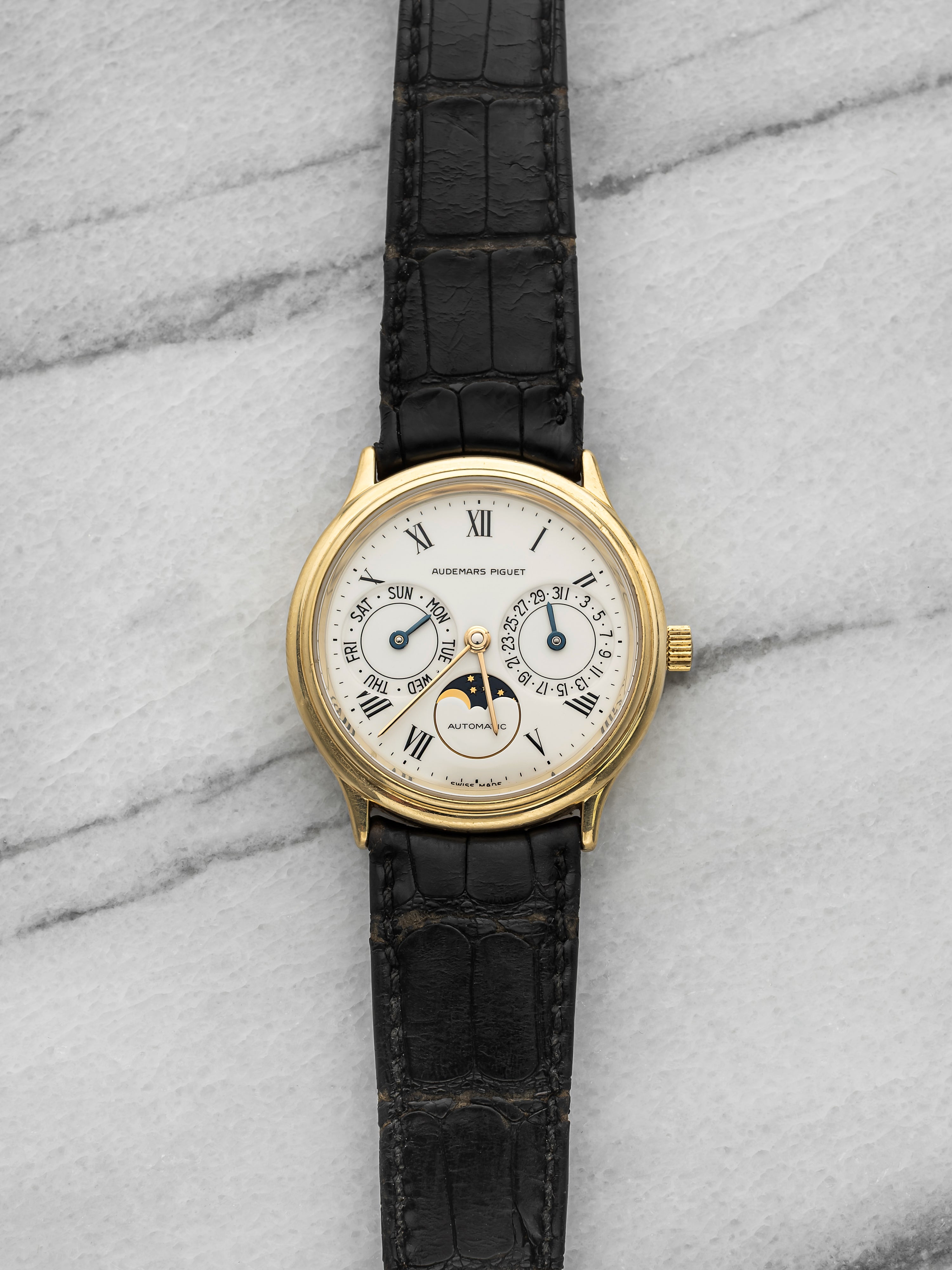 1991 Audemars Piguet Day Date Moonphase 25589BA 18K YG White Dial Auto 33 mm