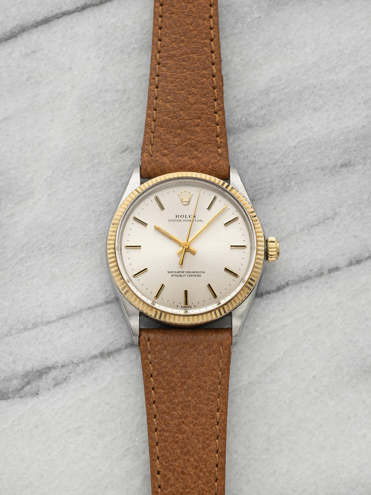 Vintage 1972 Rolex Oyster Perpetual 1005 Two Tone Silver Dial Auto 34mm