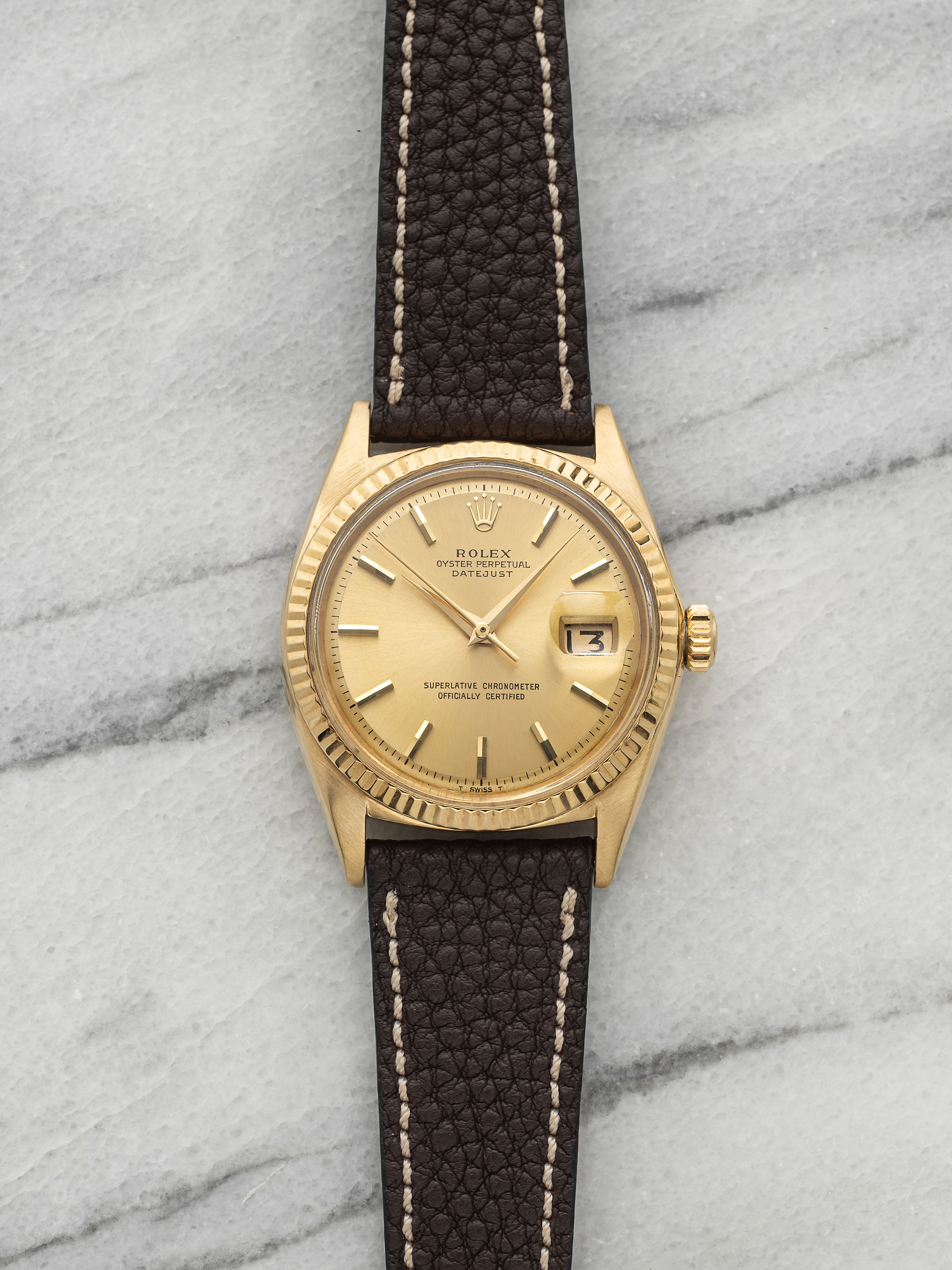 Vintage 1964 Rolex Datejust 1601 18K YG Champagne Dauphine Hands Auto 36mm