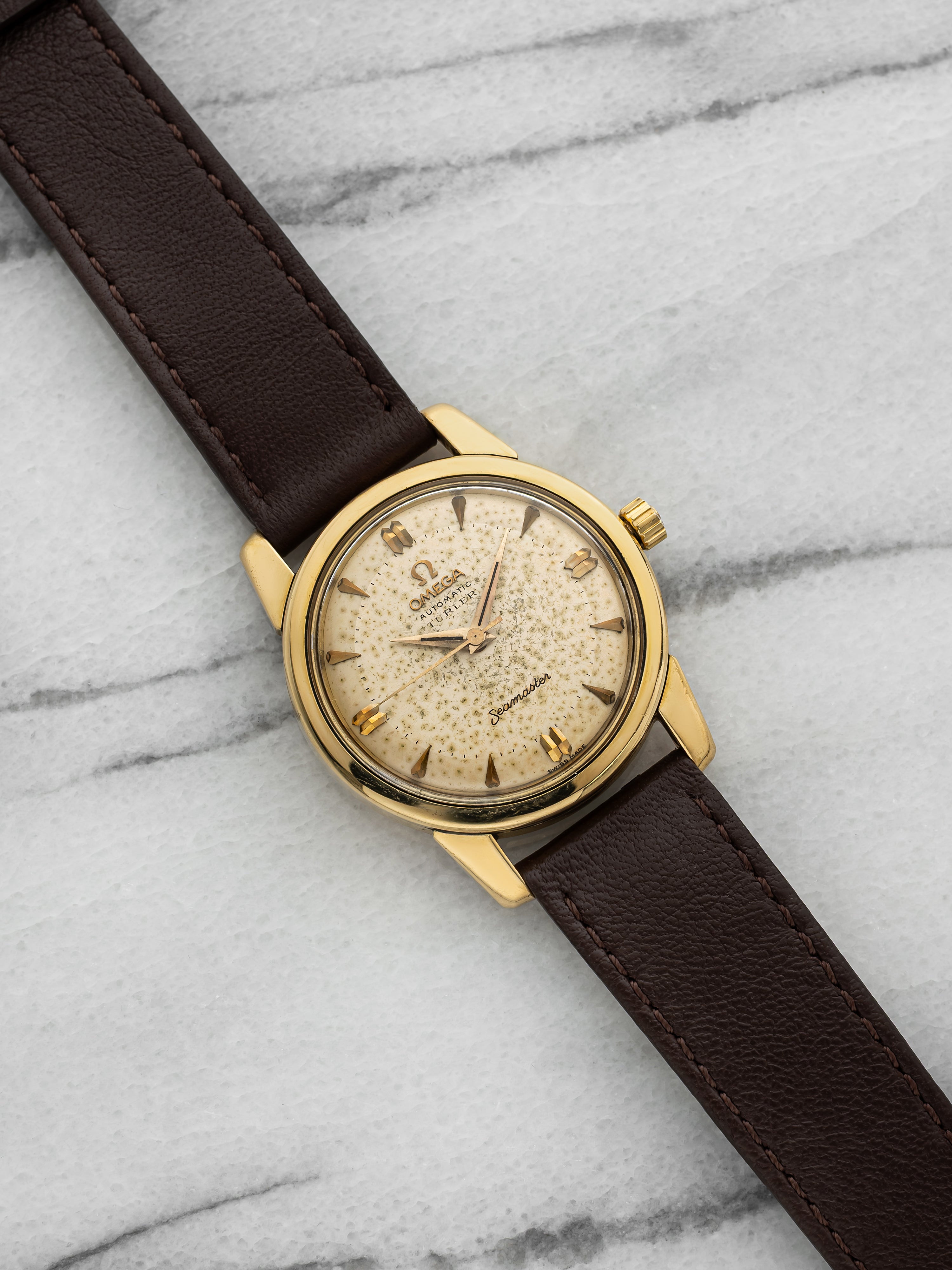 Vintage 1950s Omega Seamaster 18K YG Turler Double Stamp Dial Automatic 34 mm