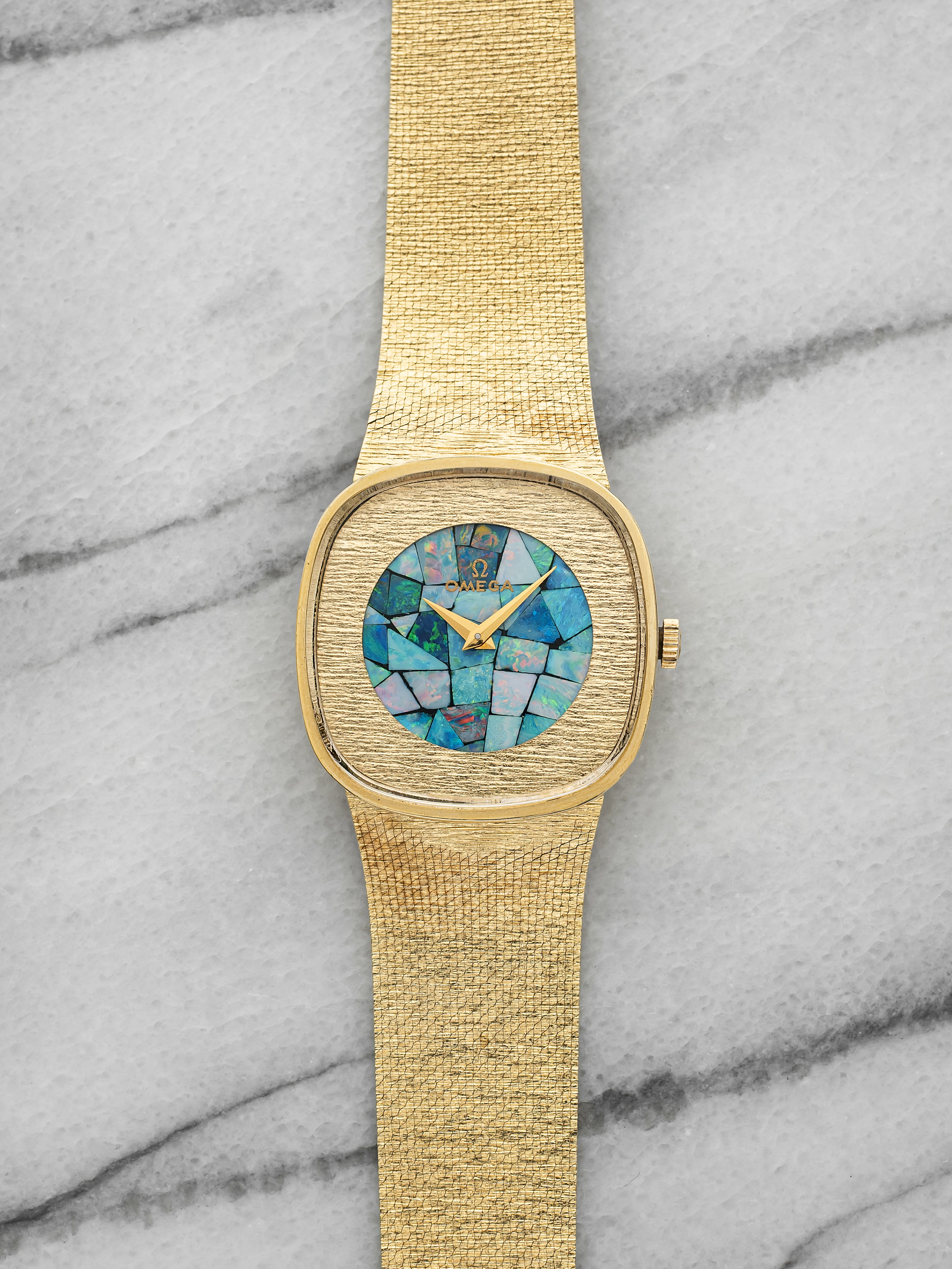 Vintage 1970s Omega Mosaic Opal Dial 14K Yellow Gold Manual 29 mm