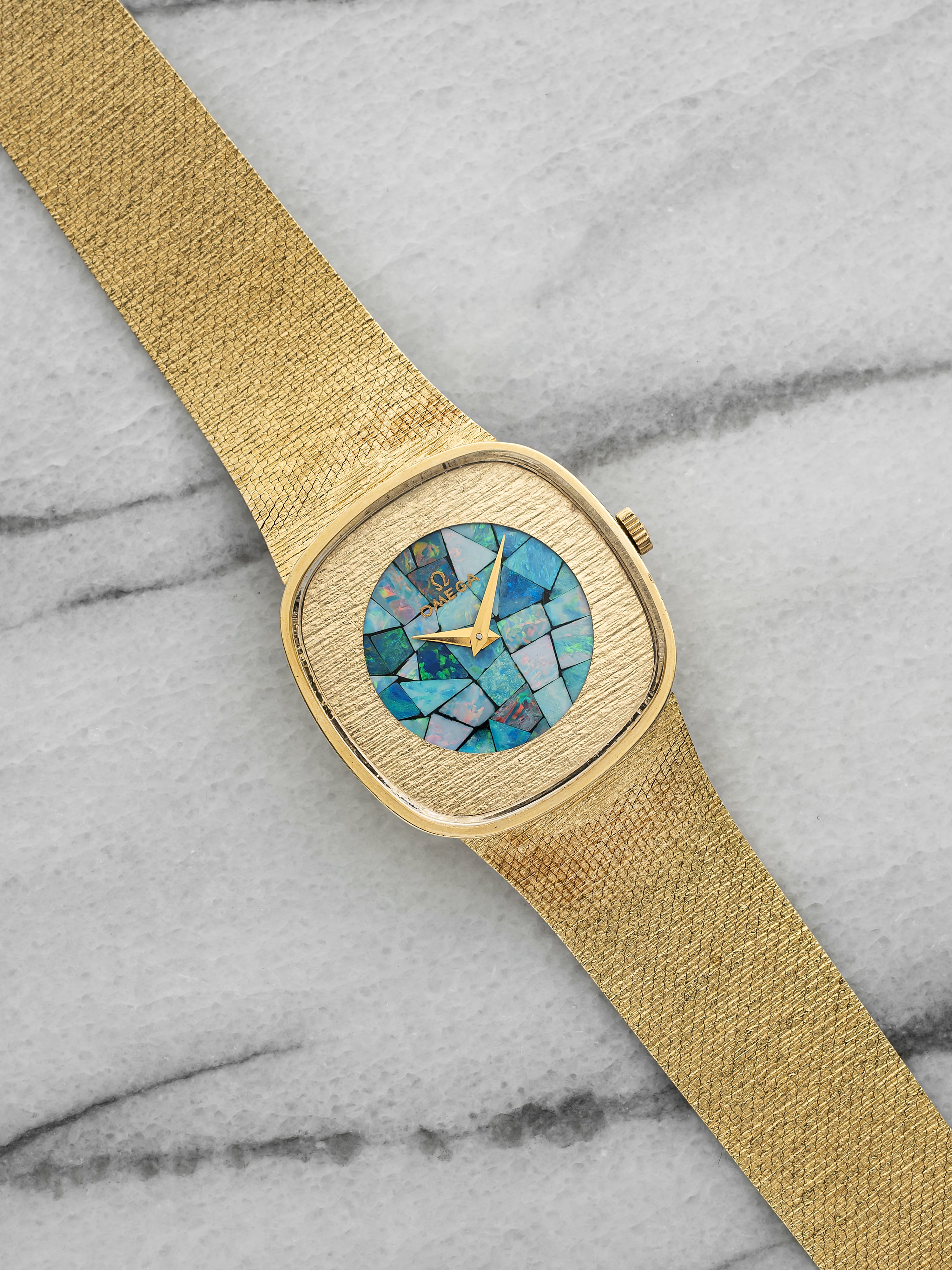 Vintage 1970s Omega Mosaic Opal Dial 14K Yellow Gold Manual 29 mm
