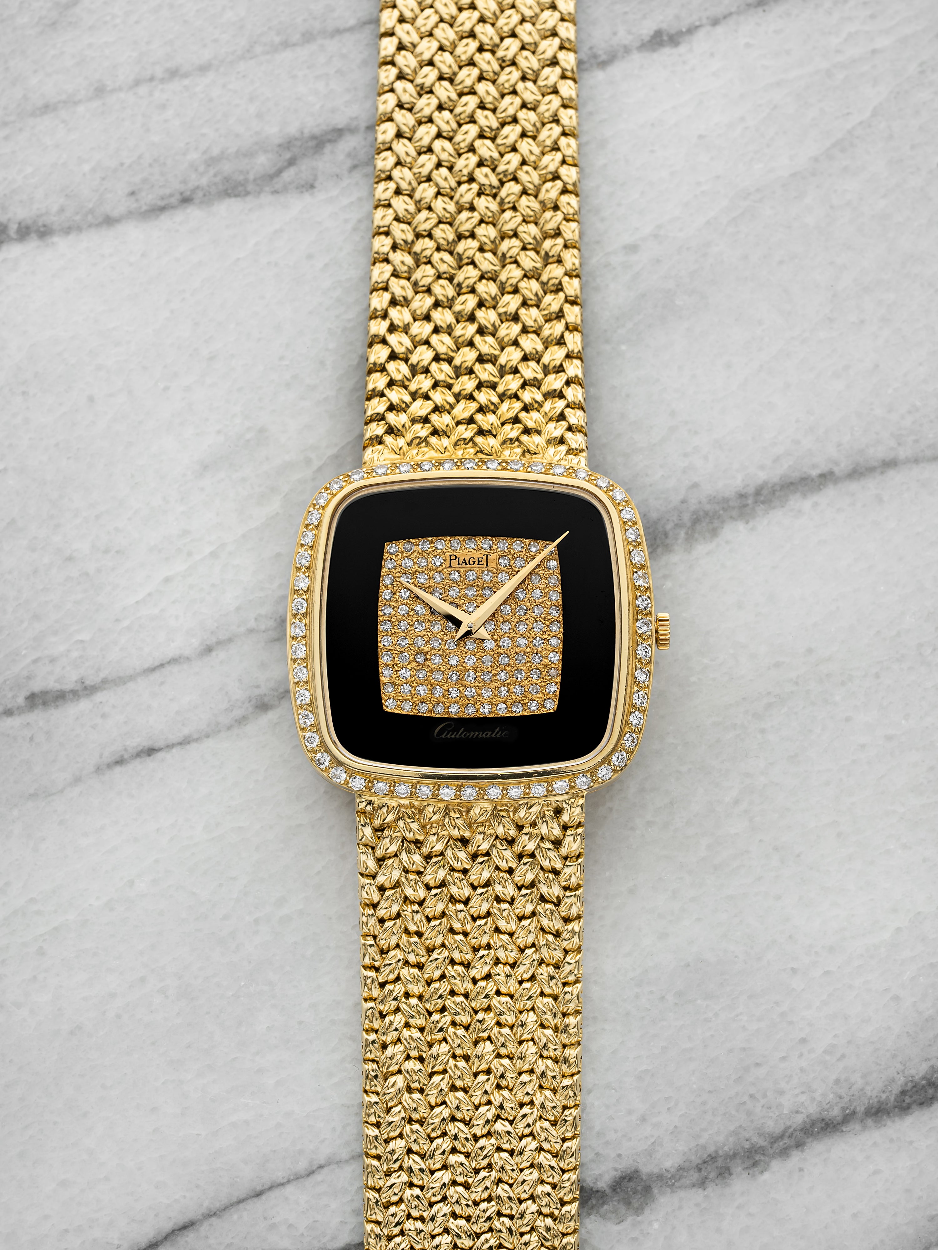 Vintage 1970s Piaget 12775D2 18K YG Onyx Pave Diamond Dial Automatic 31 mm
