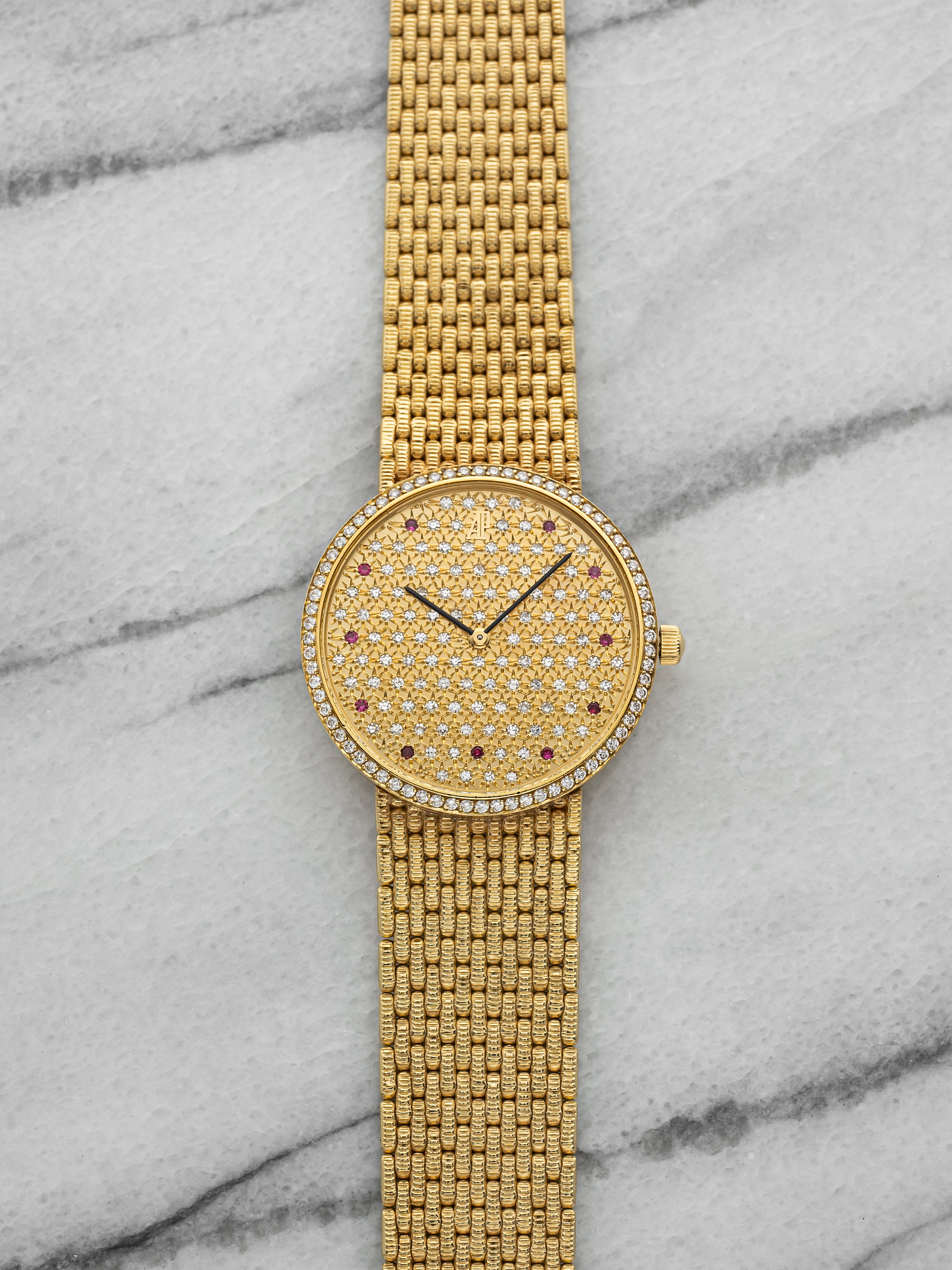 Vintage 1980s Audemars Piguet Cobra 18K YG Pave Diamond Ruby Dial Manual 31 mm