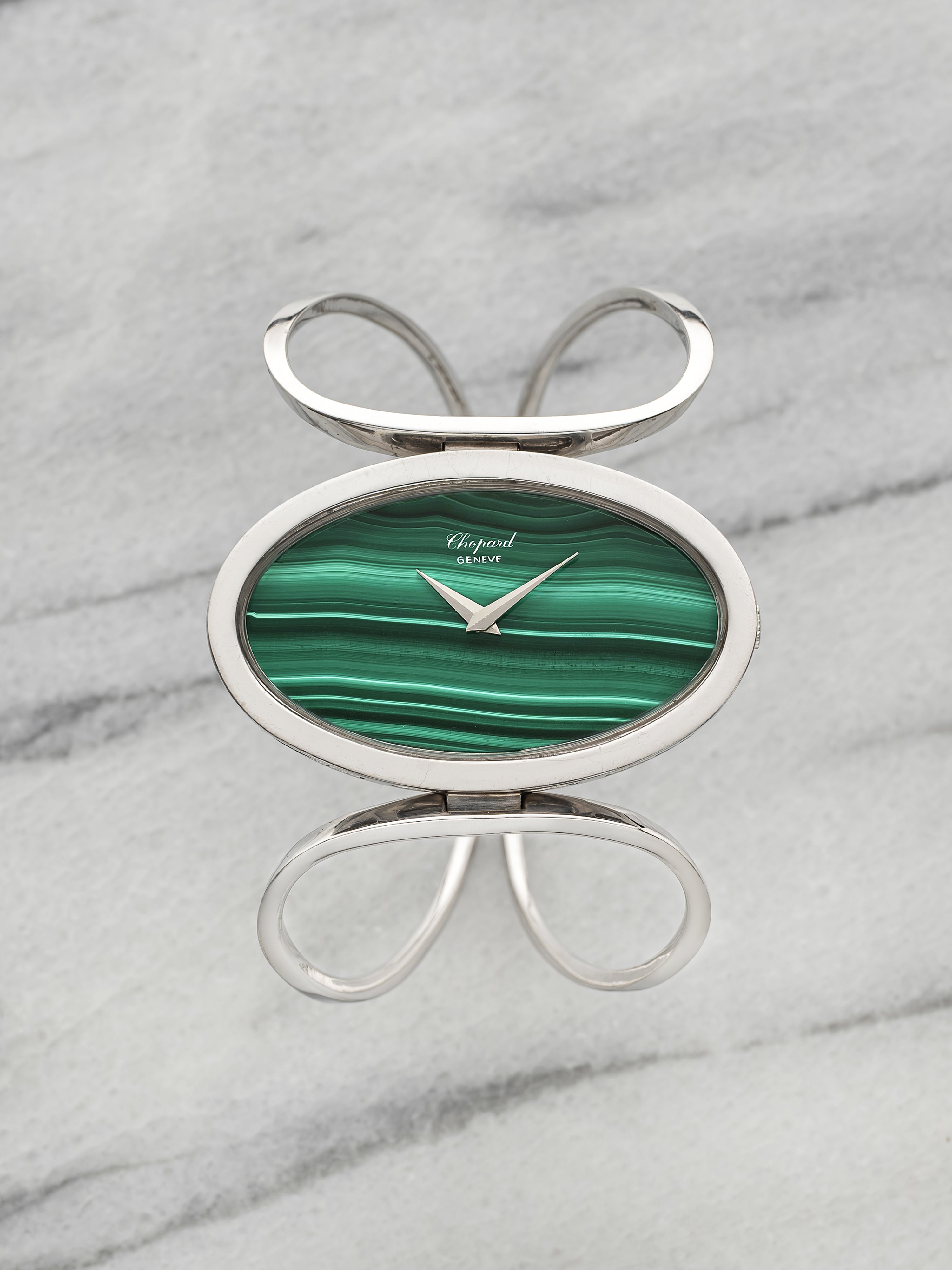Vintage 1970s Chopard Lady Ellipse 5038 18K White Gold Malachite Manual 42mm