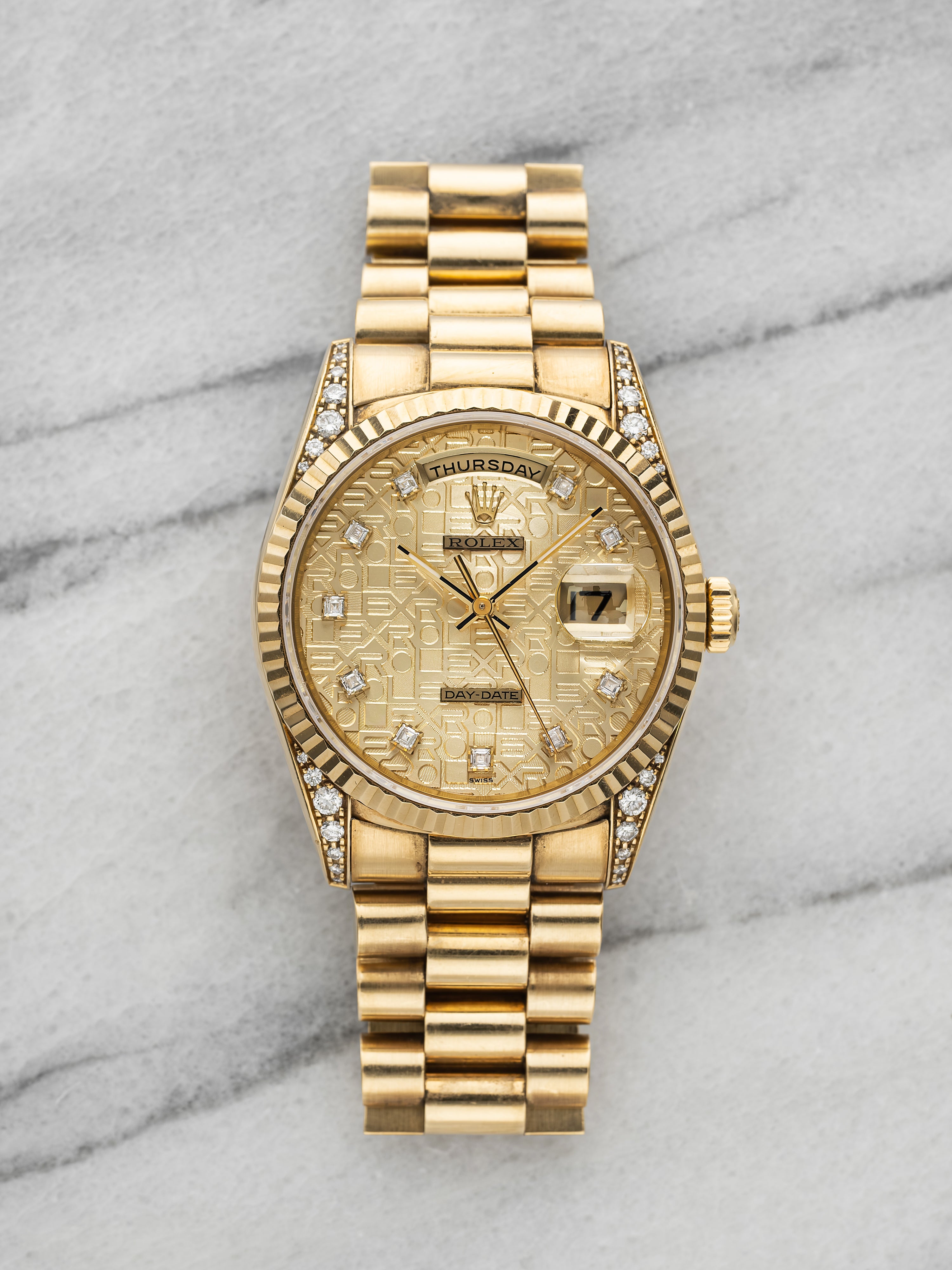 Rolex Day-Date 36 18338 – 18K YG, Diamond Lugs, Motif Diamond Dial