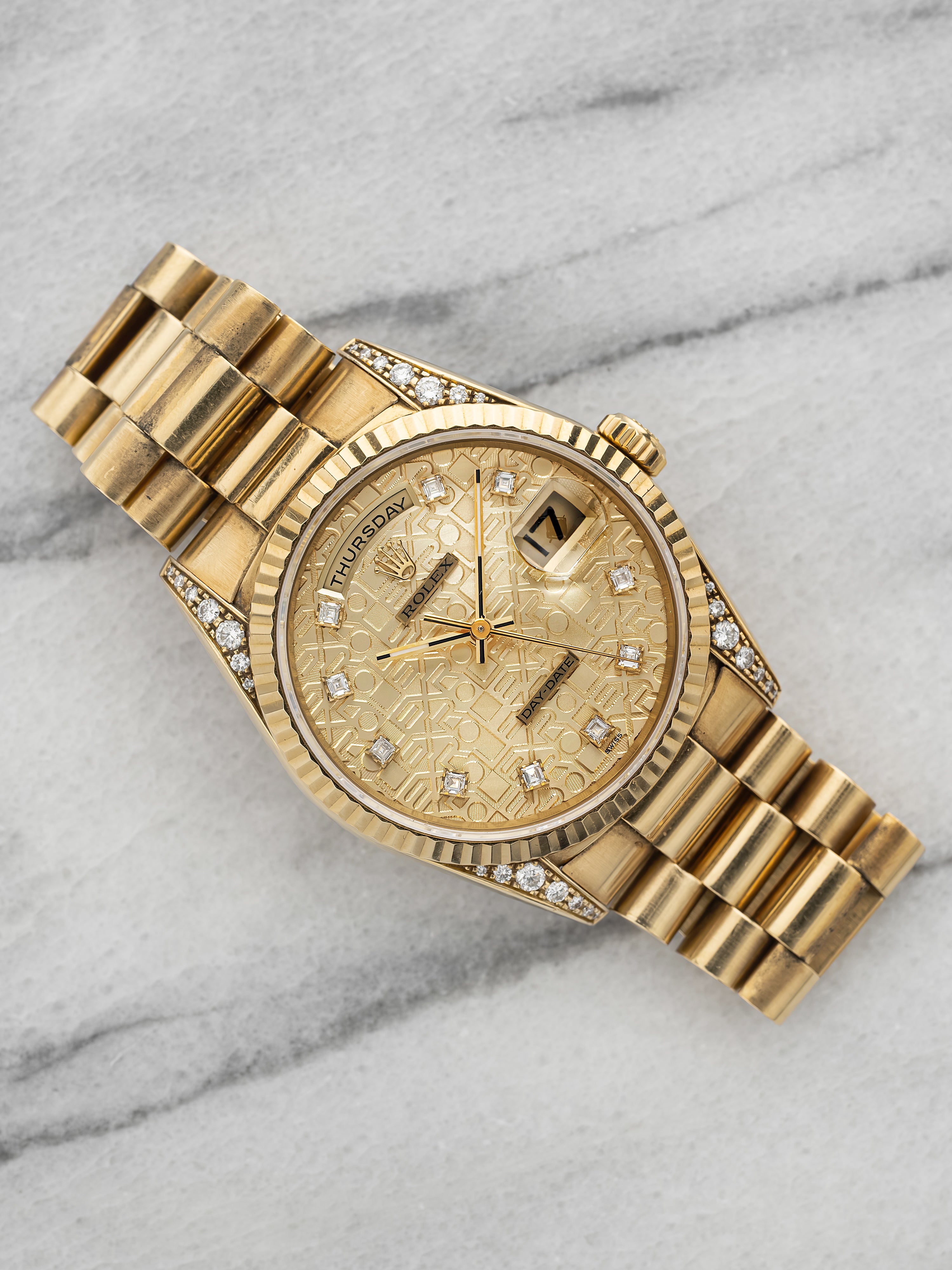 Rolex Day-Date 36 18338 – 18K YG, Diamond Lugs, Motif Diamond Dial