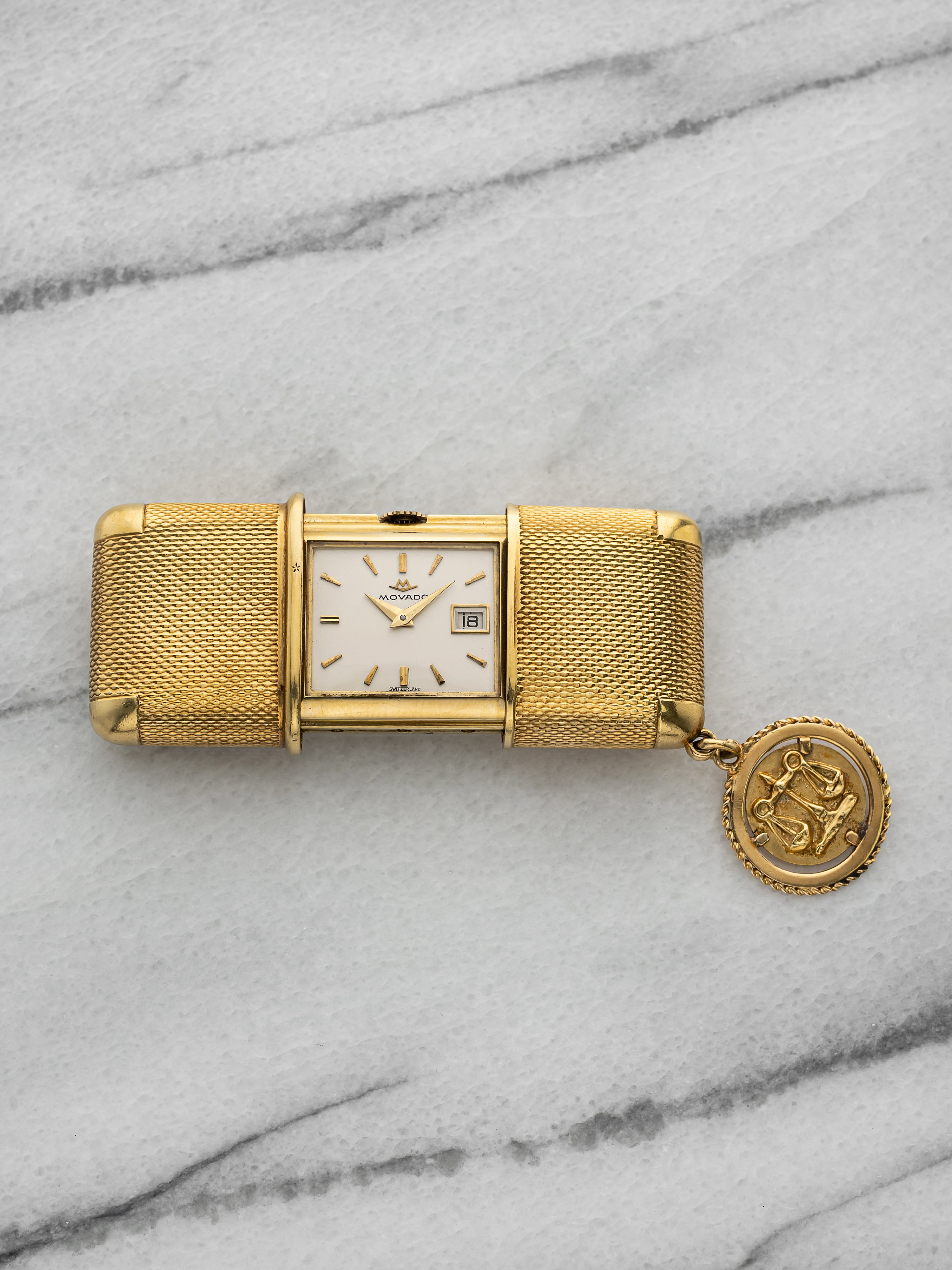 Vintage 1940s Movado Travel Clock 18K Yellow Gold Manual Wind 41x27mm