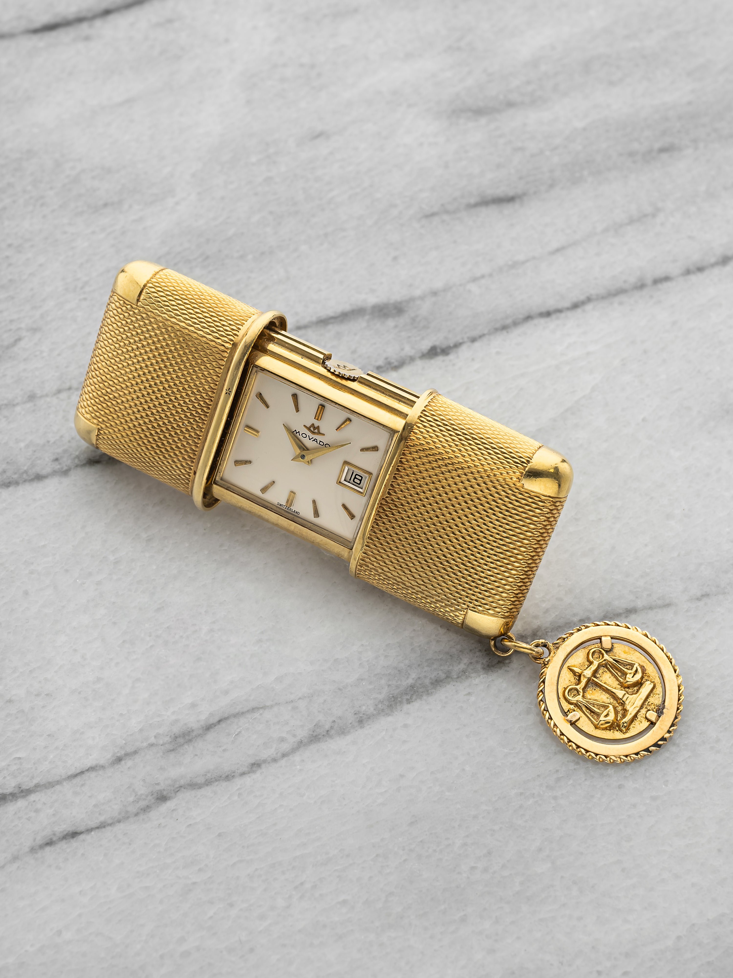 Vintage 1940s Movado Travel Clock 18K Yellow Gold Manual Wind 41x27mm