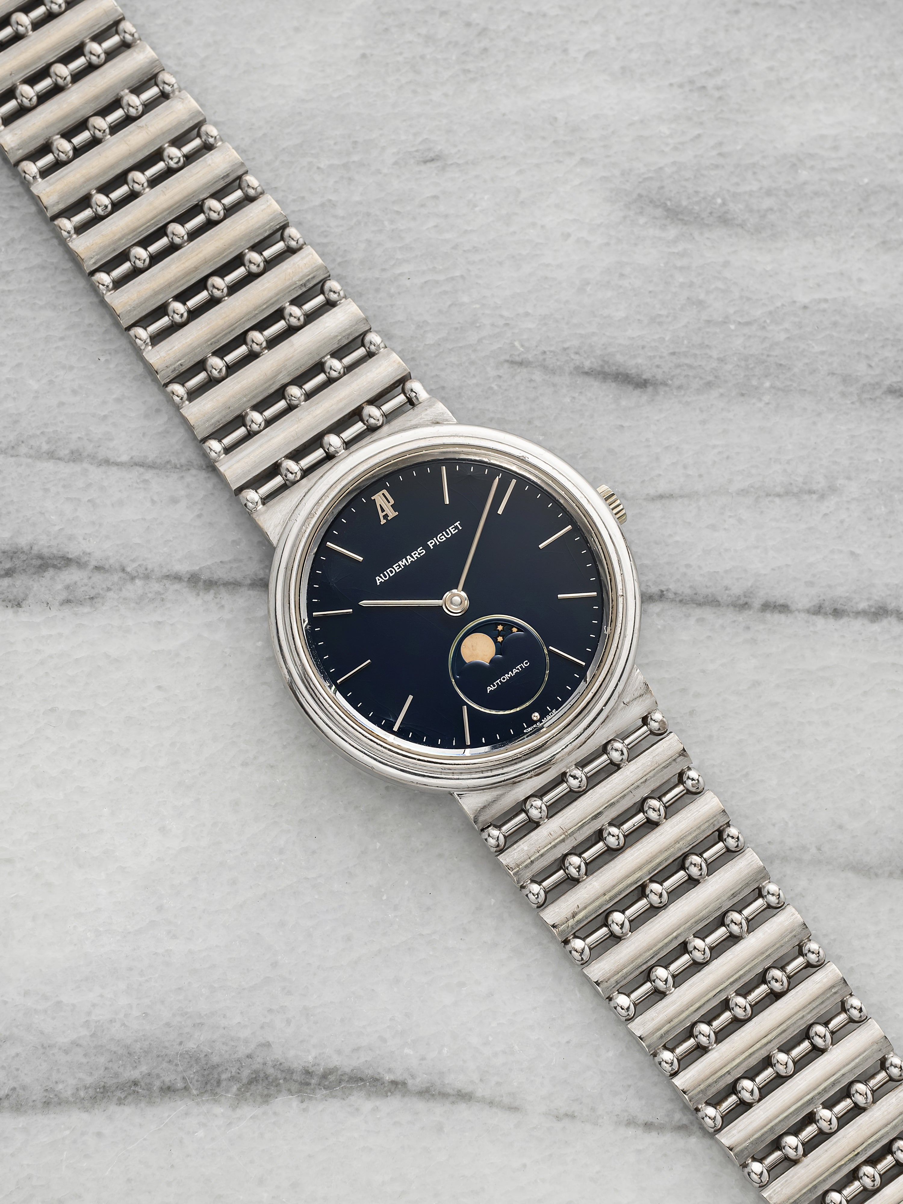 Vintage 1980s Audemars Piguet Moonphase 18K White Gold Navy Dial Automatic 33mm