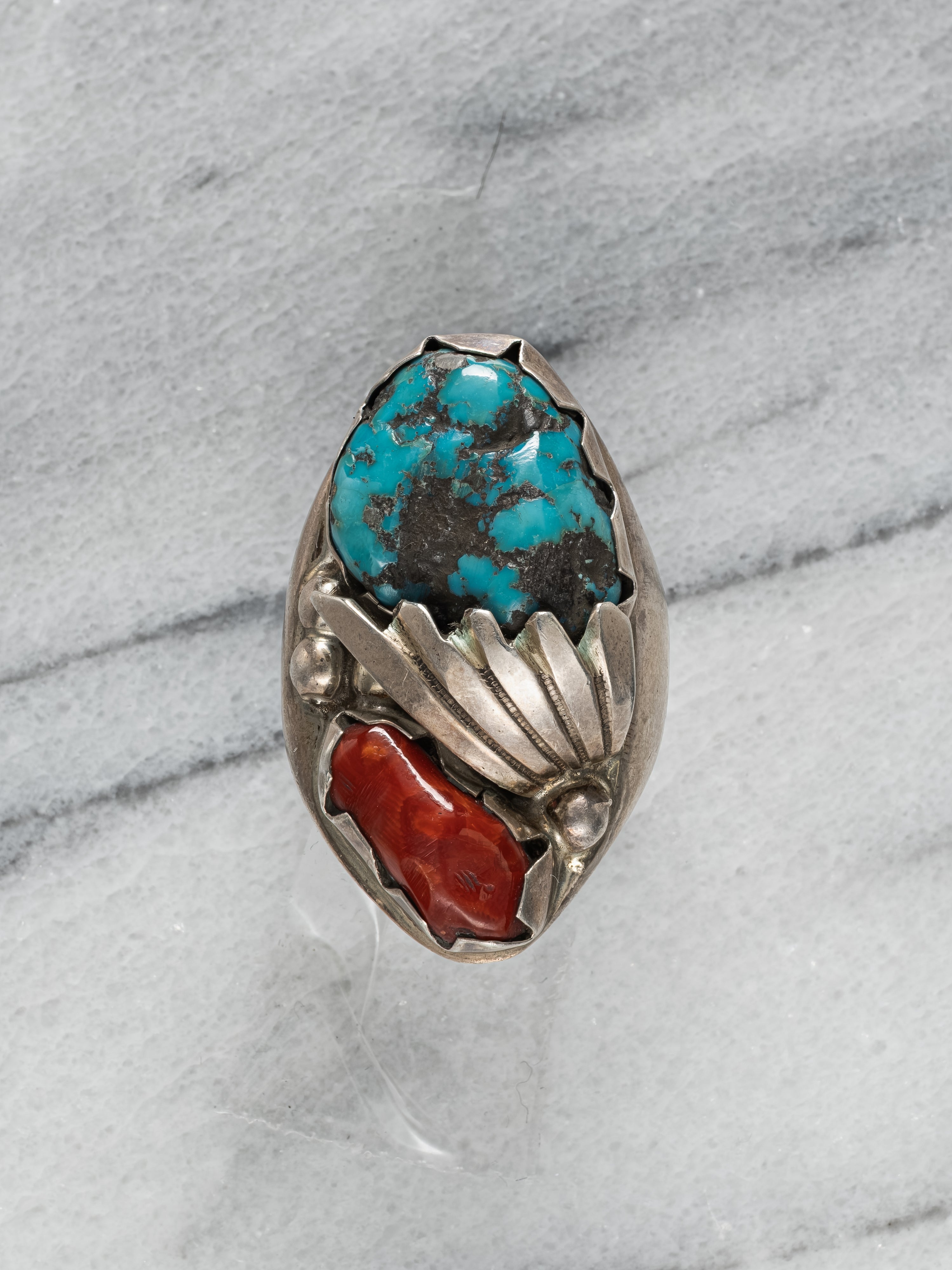 Navajo Sterling Silver Turquoise and Coral Ring