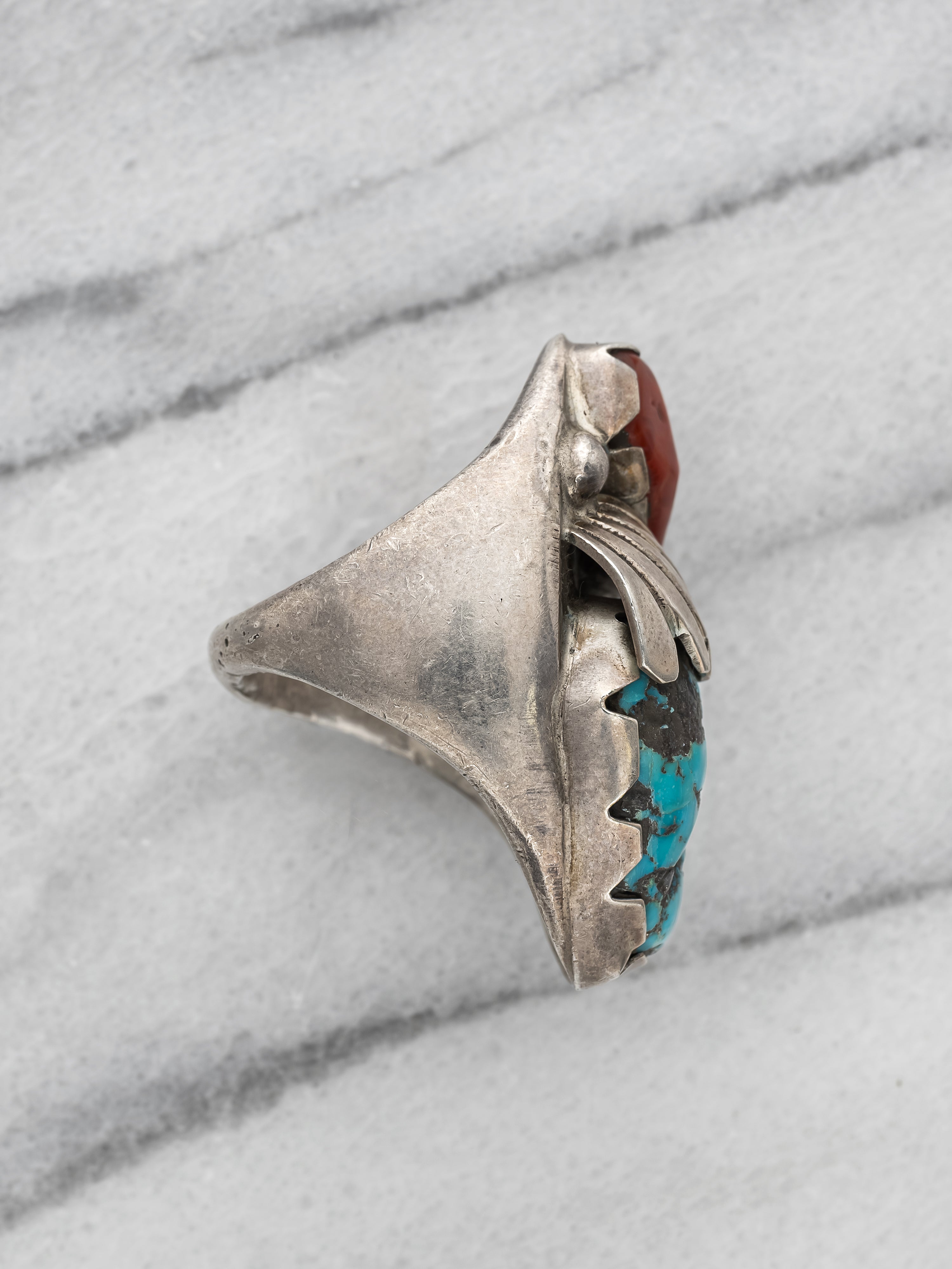 Navajo Sterling Silver Turquoise and Coral Ring