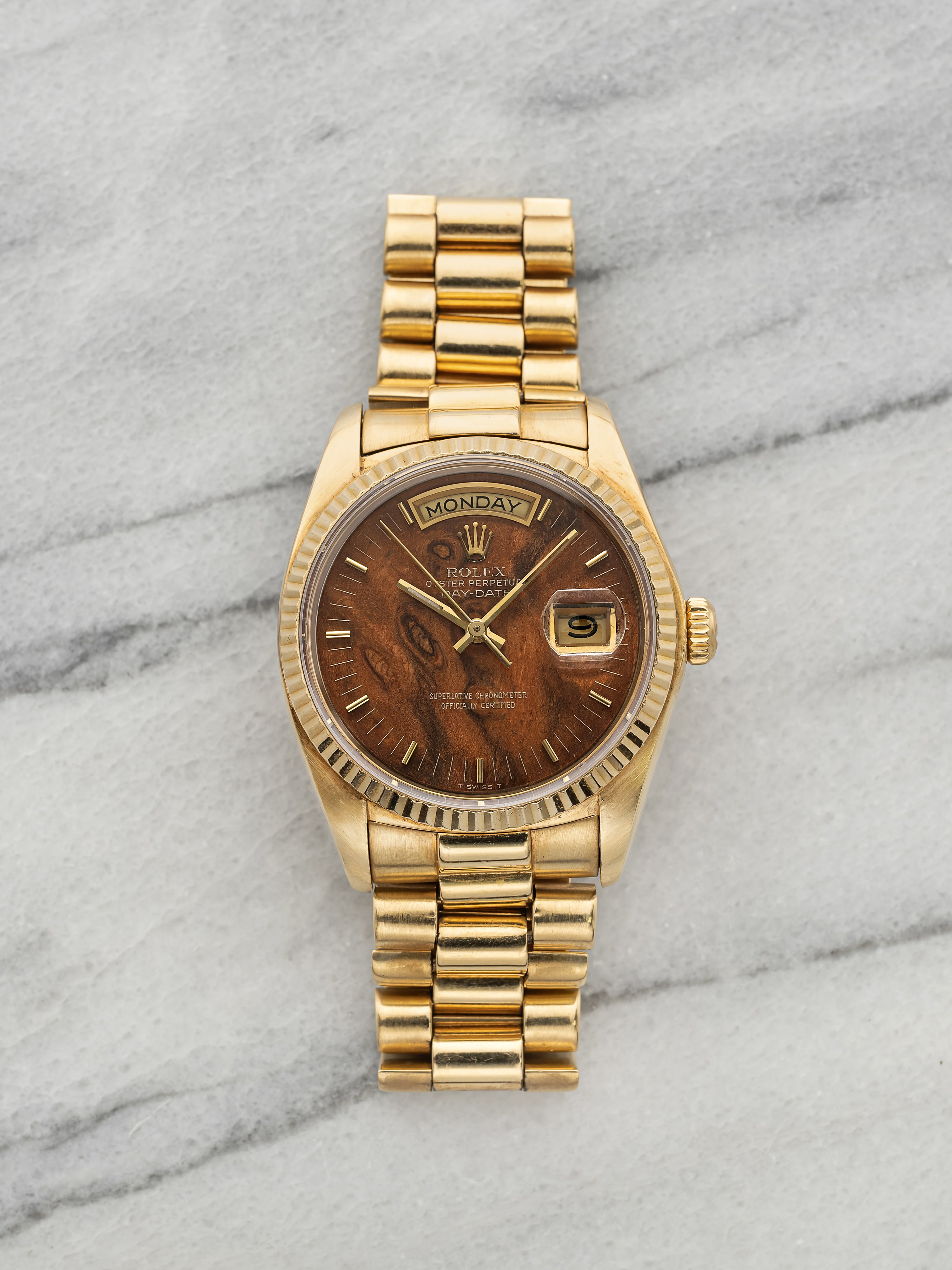 Vintage 1979 Rolex Day-Date 18038 18K Yellow Gold Walnut Wood Dial Auto 36mm