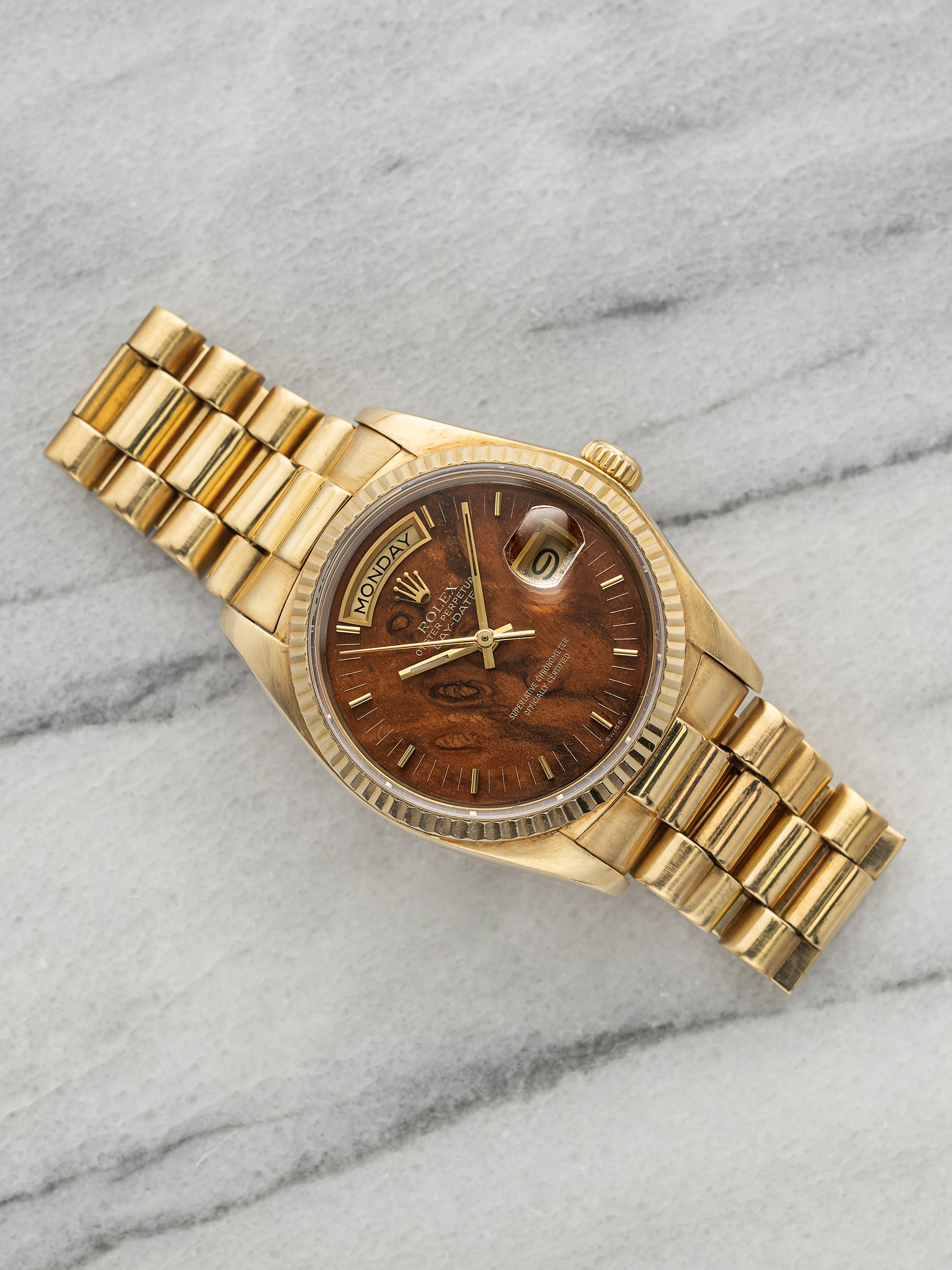 Vintage 1979 Rolex Day-Date 18038 18K Yellow Gold Walnut Wood Dial Auto 36mm