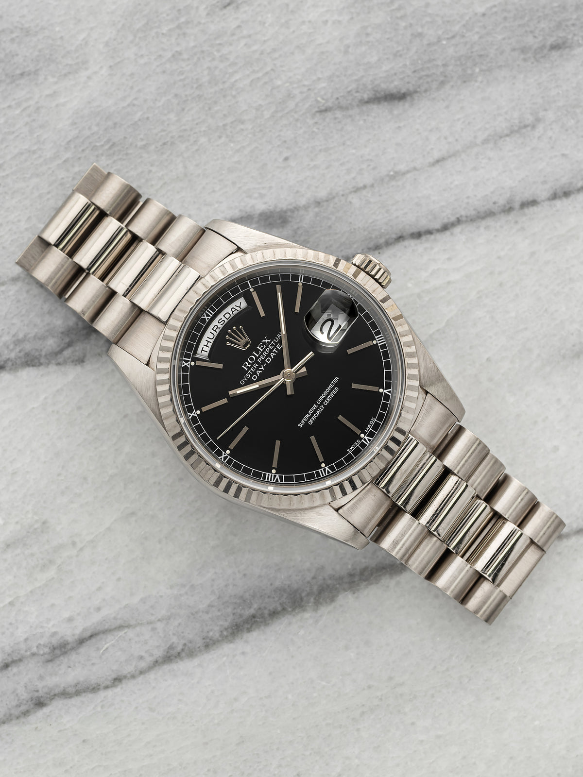 Vintage 1989 Rolex Day-Date 18239 18K White Gold Black Dial Automatic 36mm