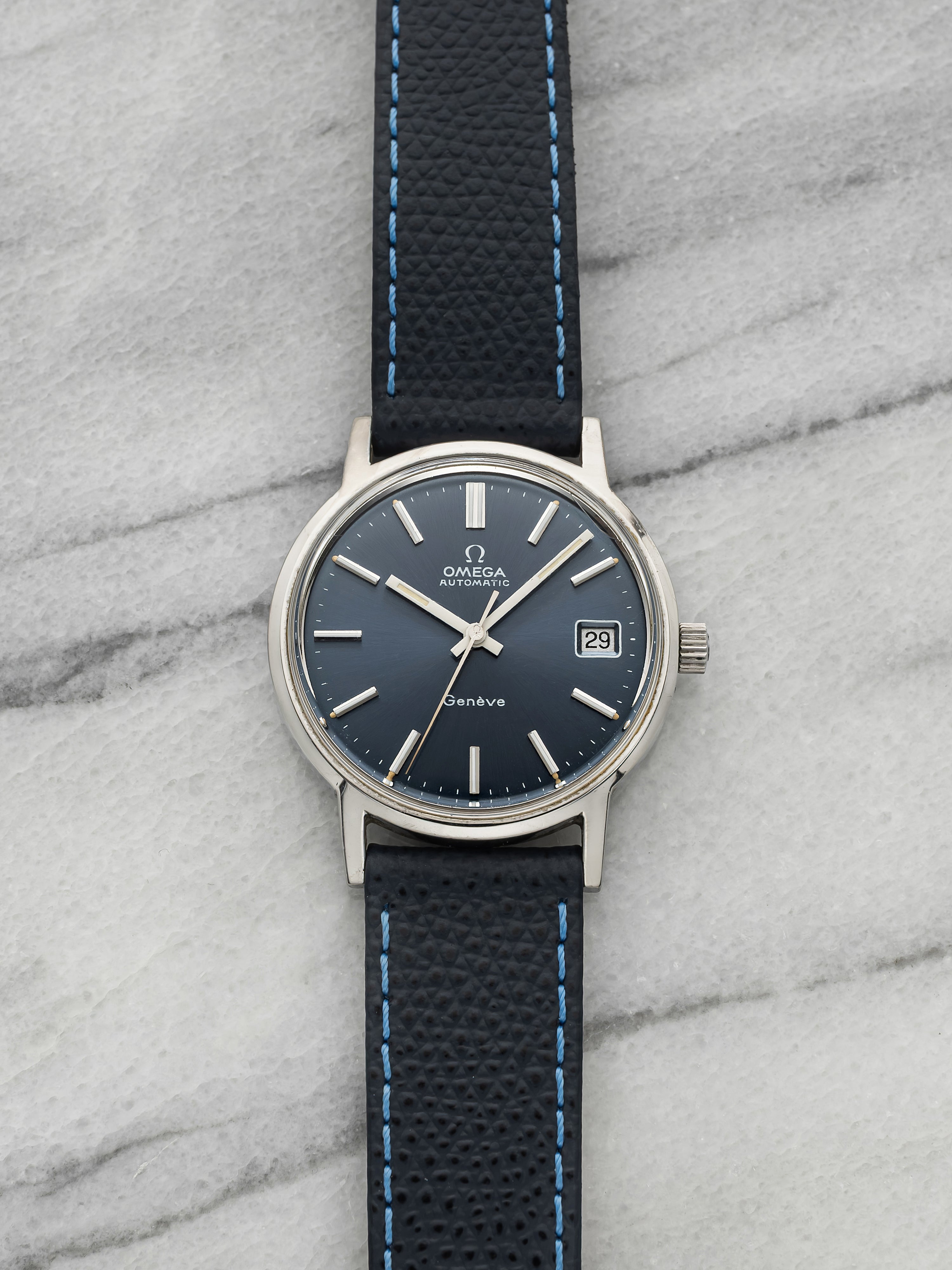 1970s Omega Geneve Stainless Steel Blue Sunburst Dial Automatic 35mm