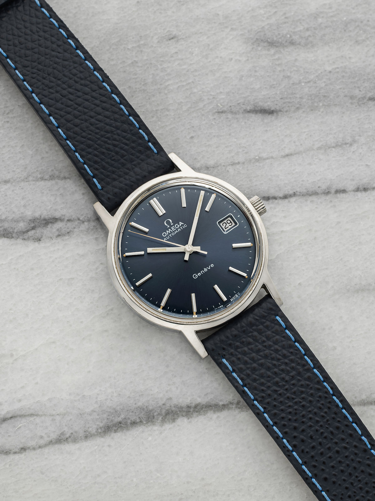 1970s Omega Geneve Stainless Steel Blue Sunburst Dial Automatic 35mm