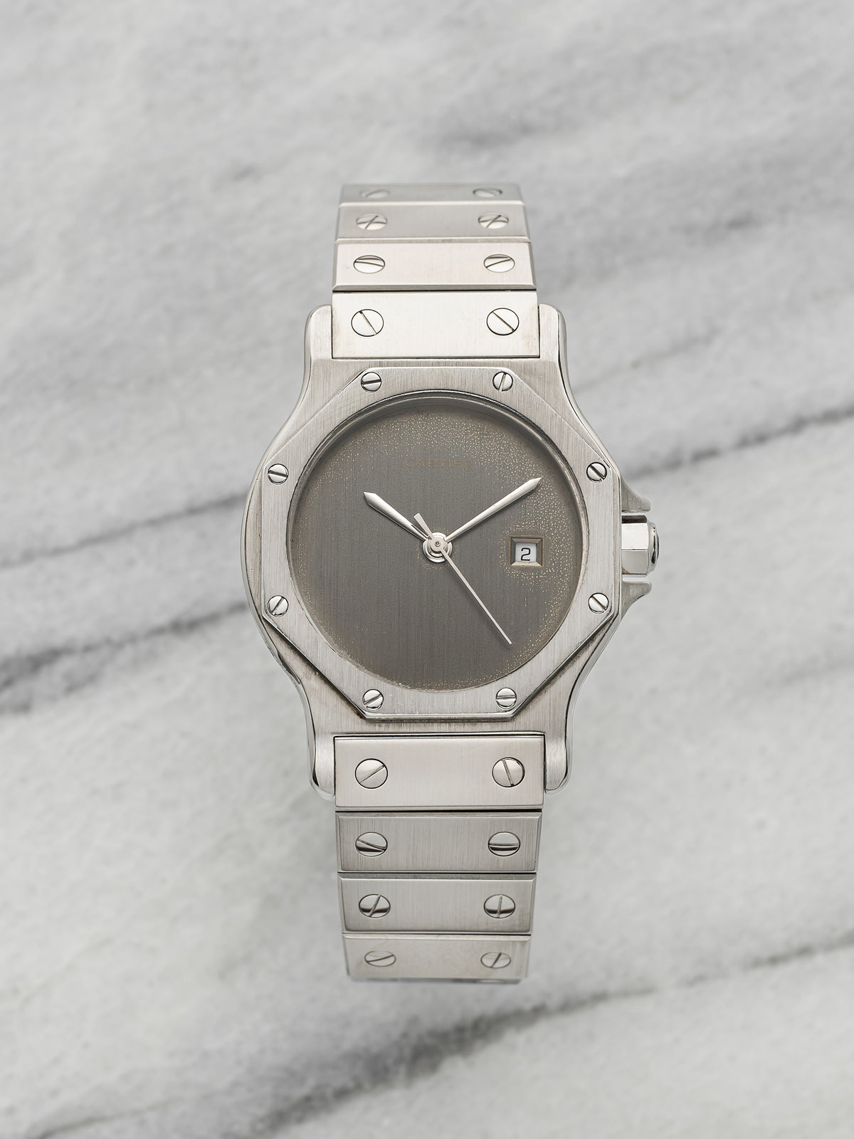 Cartier 2965. · Photo: Danny's Vintage Watches · © Danny's Vintage Watches, used with permission · Source: https://dannysvintagewatches.com/products/cartier-santos-octagon-2965-two-tone-grey-ghost-dial
