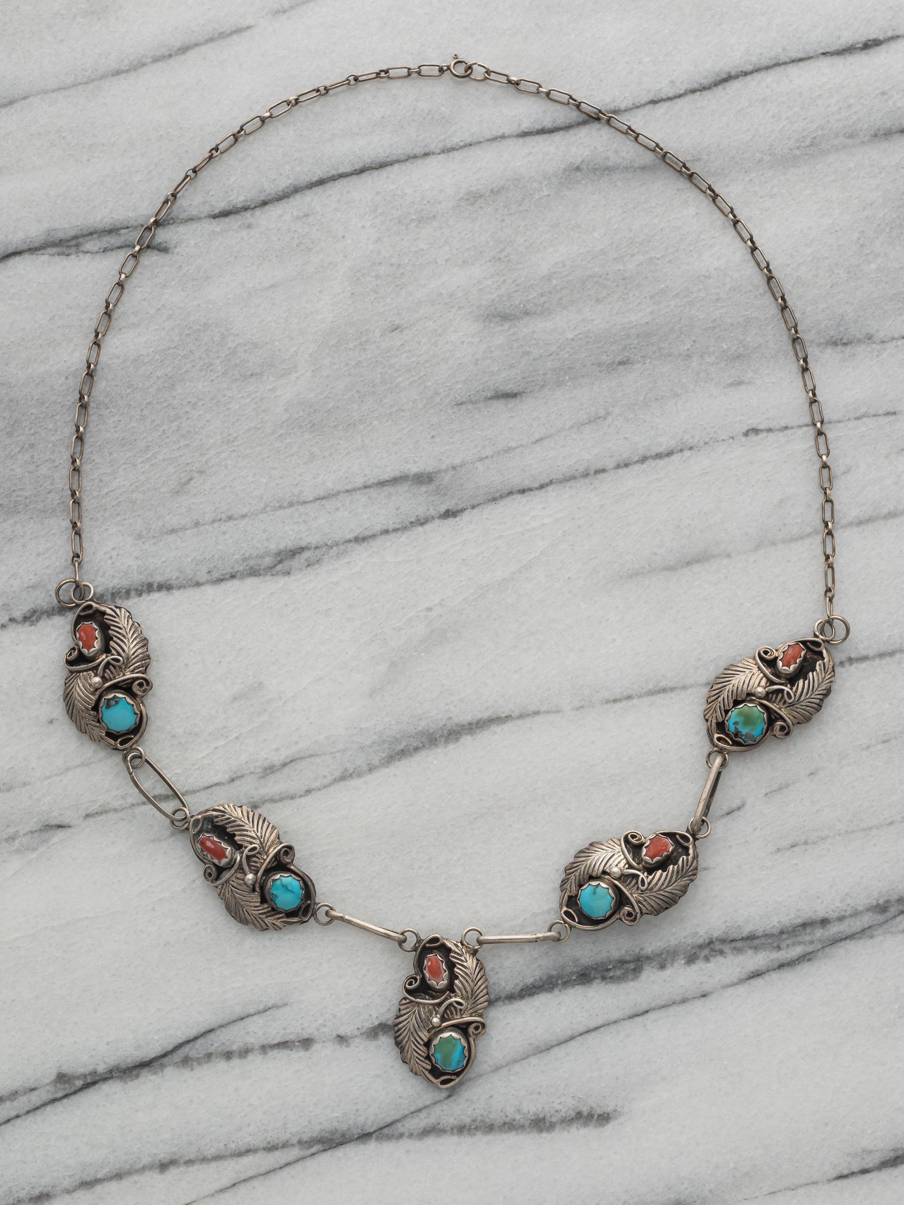 Vintage Navajo American Sterling Silver Turquoise and Coral Necklace