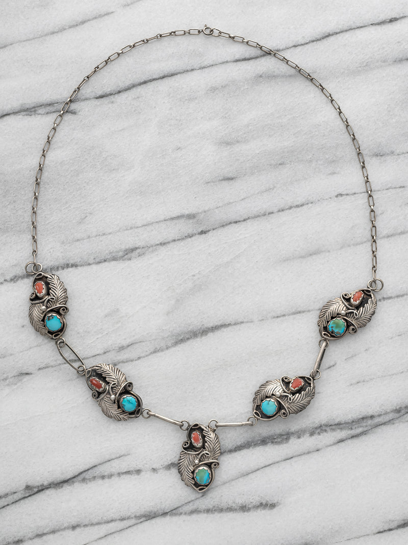 Vintage Navajo American Sterling Silver Turquoise and Coral Necklace