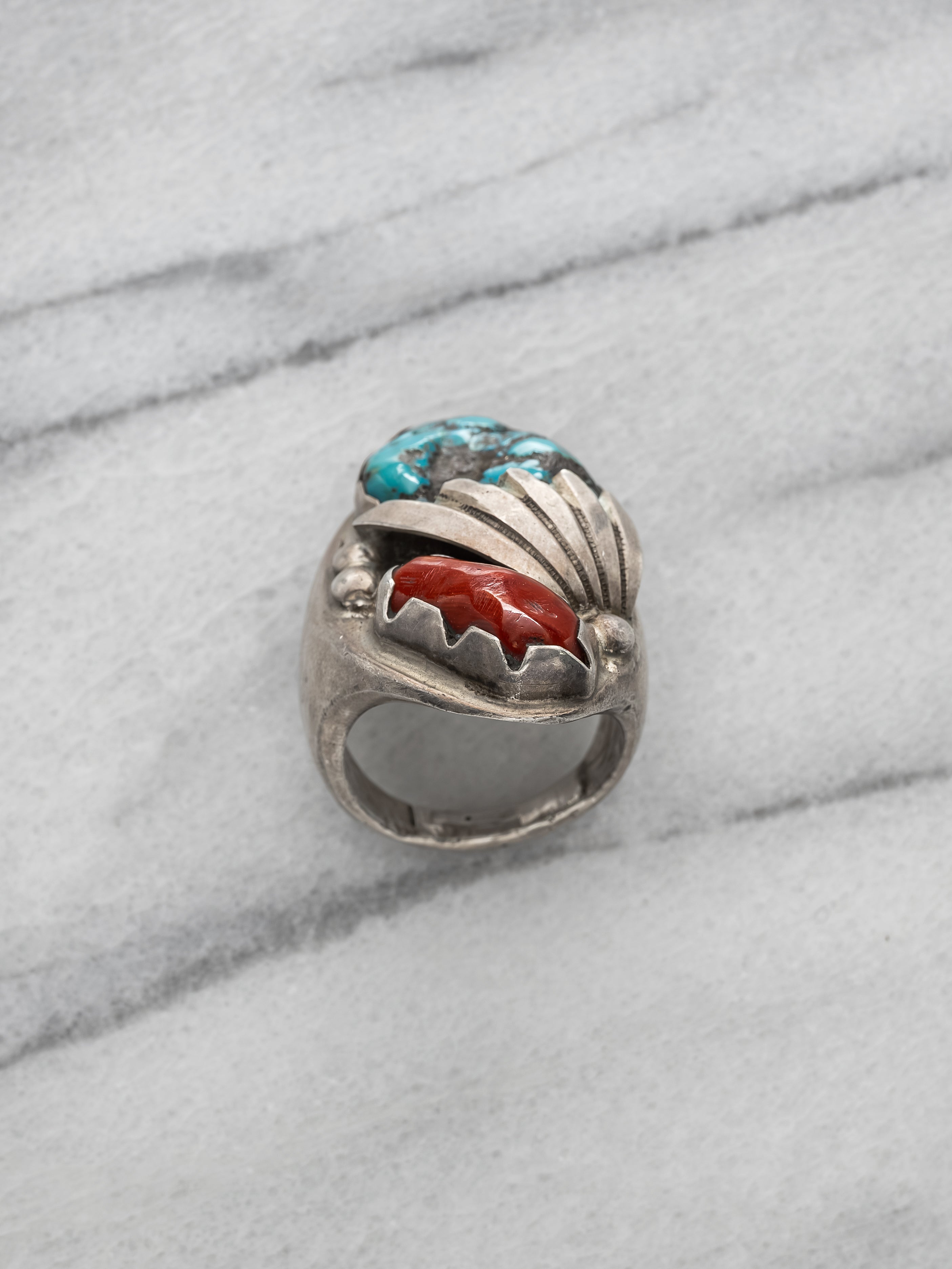 Navajo Sterling Silver Turquoise and Coral Ring